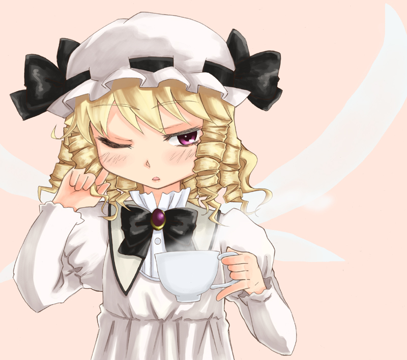 kusogappa, luna child, eastern and little nature deity, touhou, touhou sangetsusei, 1girl, ;o, black bow, black bowtie, blonde hair, blush, bow, bowtie, brooch, cup, dress, drill hair, fairy, female focus, frills, gem, hat, jewelry, long sleeves, looking at viewer, mob cap, one eye closed, parted lips, sleepy, solo, steam, teacup, upper body, white dress