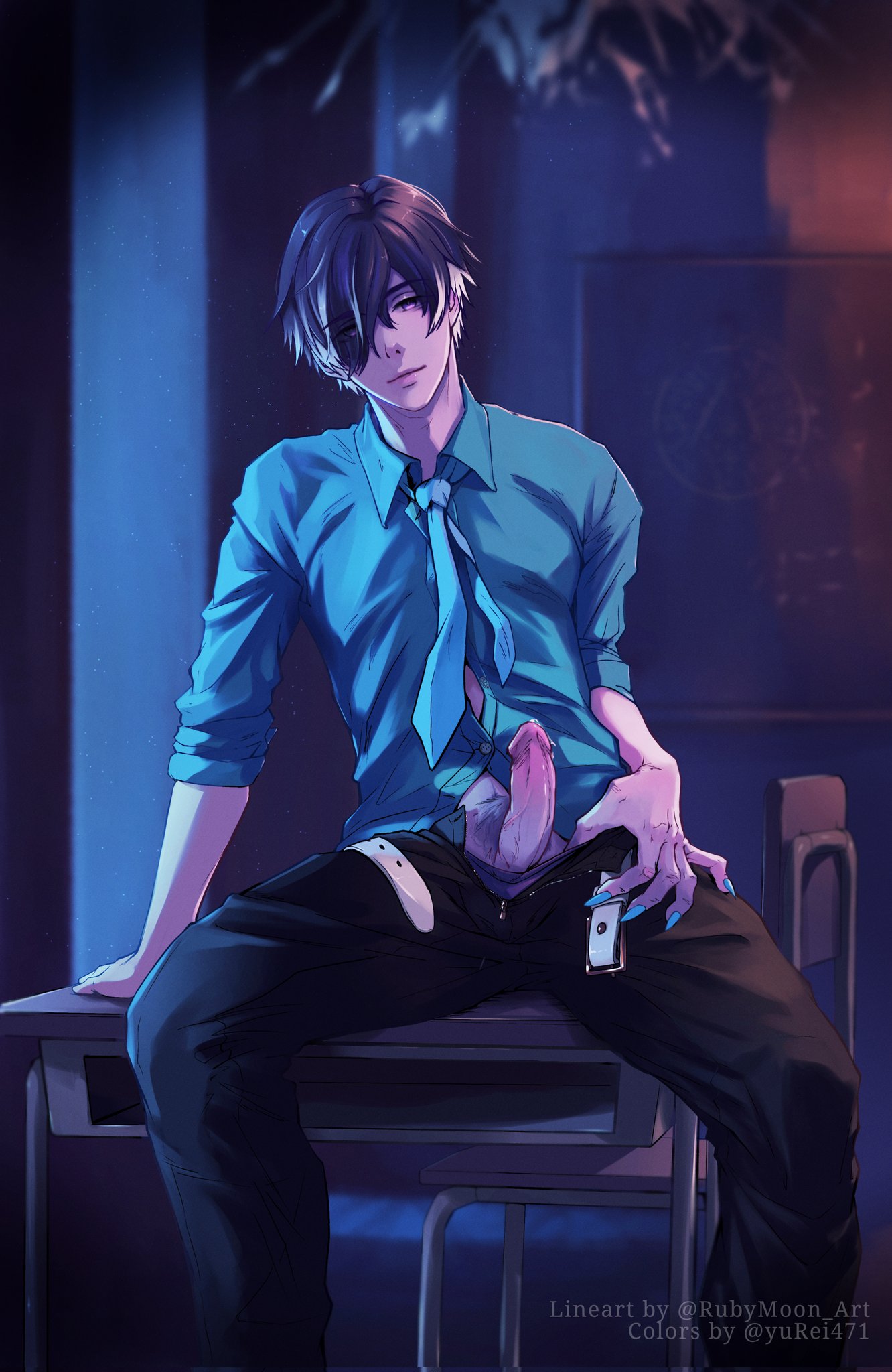 belphegor (obey me!), obey me!: one master to rule them all!, obey me! nightbringer, highres, blue hair, classroom, desk, erection, multicolored hair, nail polish, on desk, open clothes, open fly, penis, sitting, spread legs