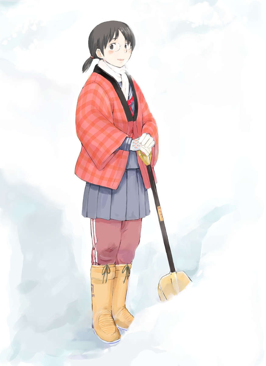 imo cyber, highres, 1girl, boots, female focus, glasses, gloves, hanten (clothes), looking at viewer, pants, scarf, school uniform, serafuku, shovel, snow, snow shovel, solo, sweatpants, track pants, worktool