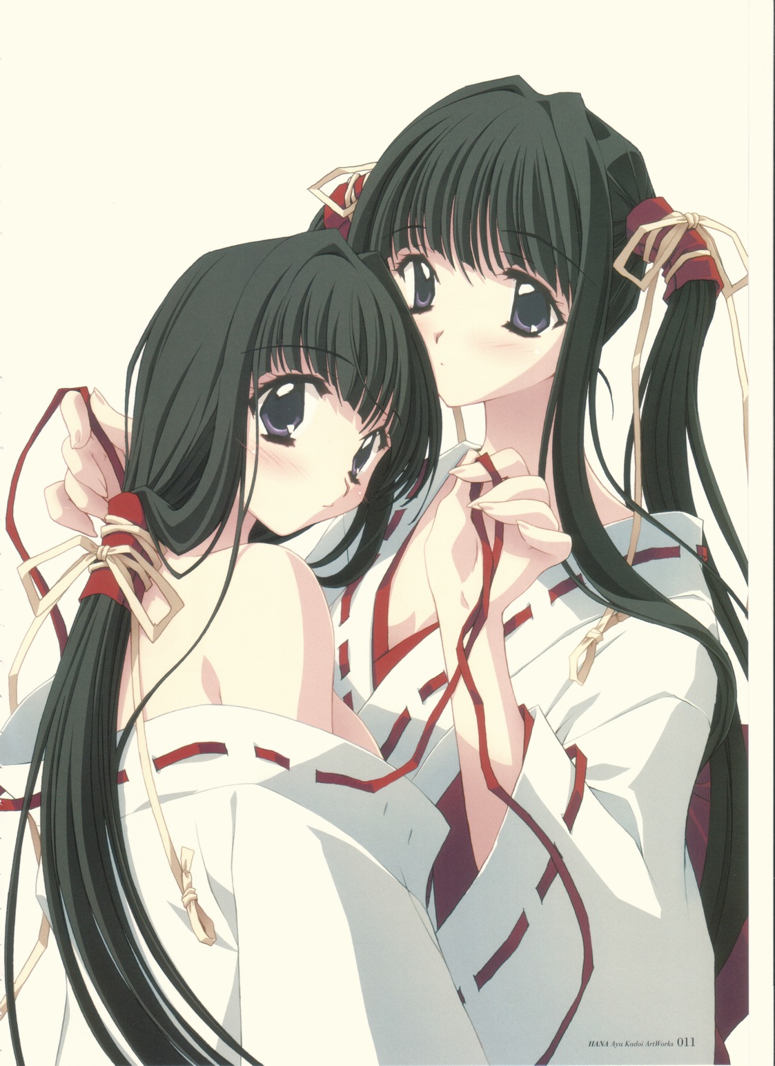 kadoi aya, highres, scan, 2girls, black hair, blunt bangs, blush, closed mouth, dot mouth, hair ribbon, japanese clothes, long hair, miko, multiple girls, purple eyes, ribbon, siblings, sisters, twins, twintails