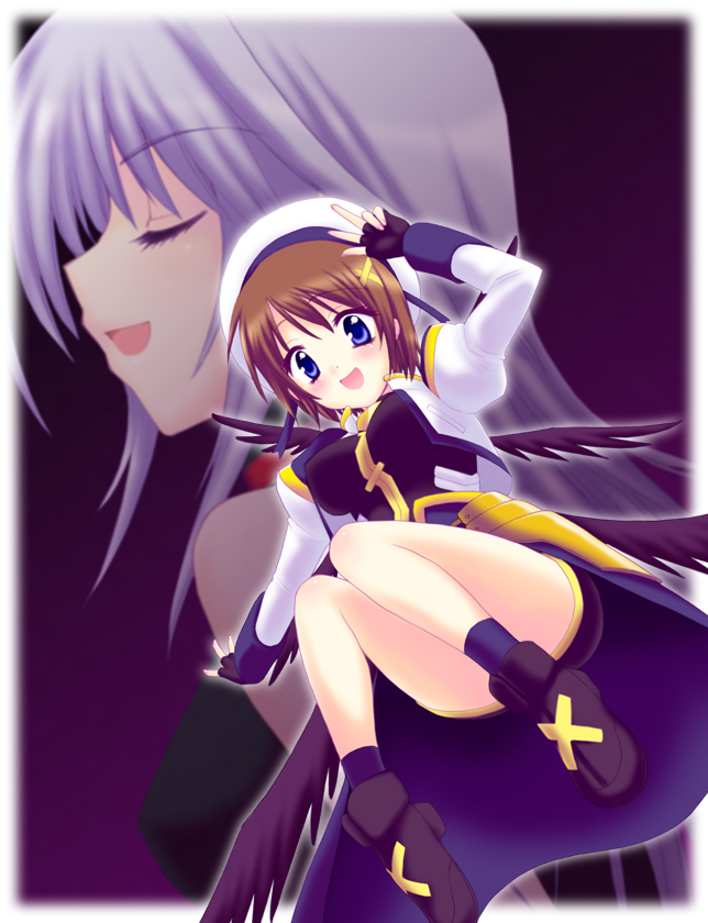 saki chisuzu, reinforce, yagami hayate, lyrical nanoha, mahou shoujo lyrical nanoha, mahou shoujo lyrical nanoha a's, 00s, 2girls, brown hair, gloves, multiple girls, short hair, wings