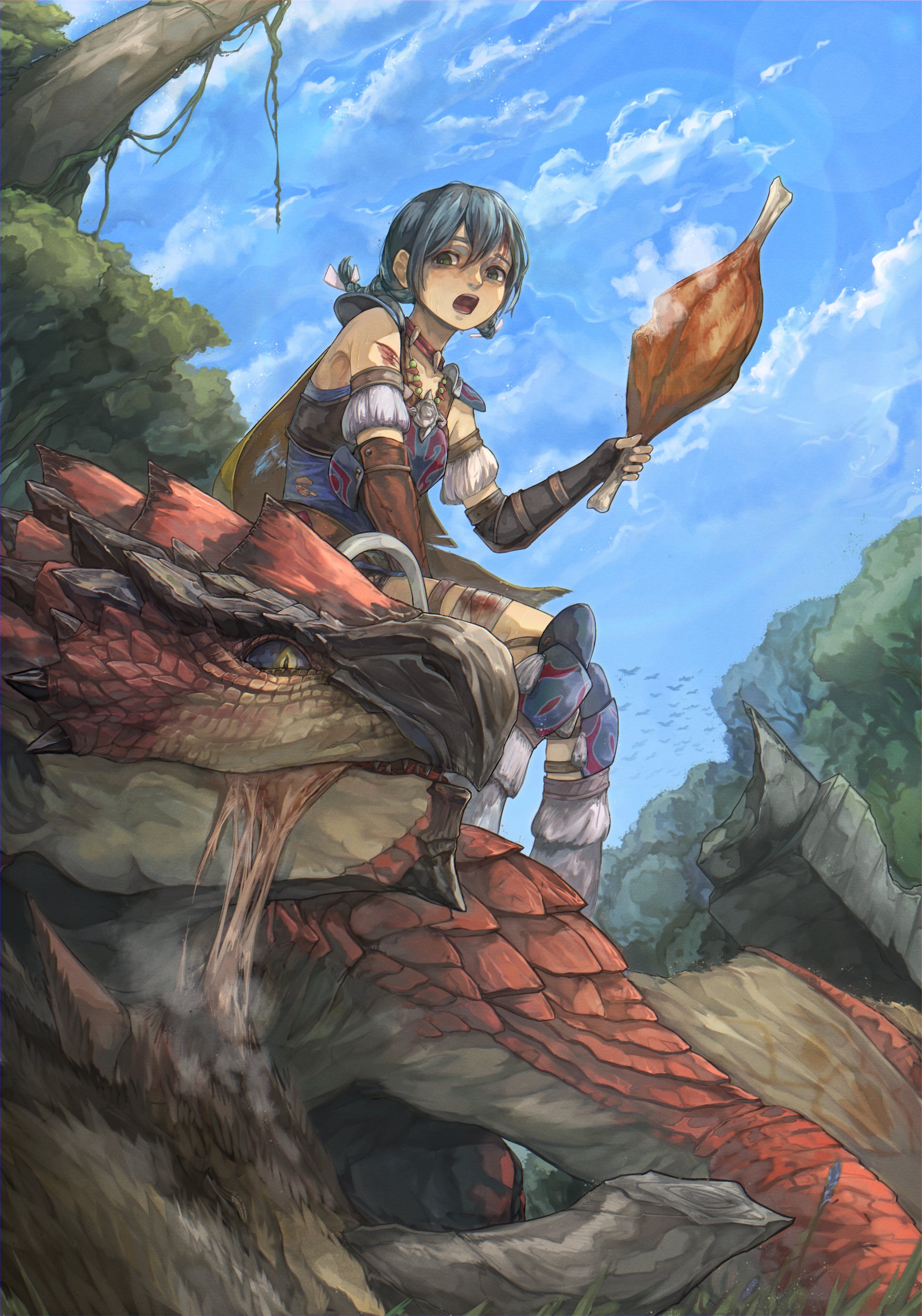 monster hunter (character), rathalos, monster hunter (series), absurdres, highres, 1girl, armor, bandaged leg, bandages, blood, bloody bandages, boned meat, cape, cloud, dragon, eating, food, forest, horns, injury, malomalobear, meat, medium hair, monster, nature, open mouth, plant, scales, scenery, sky, tree, vines, wyvern