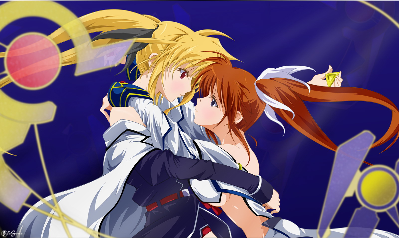 solwyvern, bardiche (assault form) (nanoha), bardiche (nanoha), bardiche (standby form) (nanoha), fate testarossa, fate testarossa (impulse form), raising heart, raising heart (accel mode), takamachi nanoha, takamachi nanoha (exceed mode), kannazuki no miko, lyrical nanoha, mahou shoujo lyrical nanoha, mahou shoujo lyrical nanoha strikers, highres, 2girls, blonde hair, crossover, miko embrace, multiple girls, parody, yuri