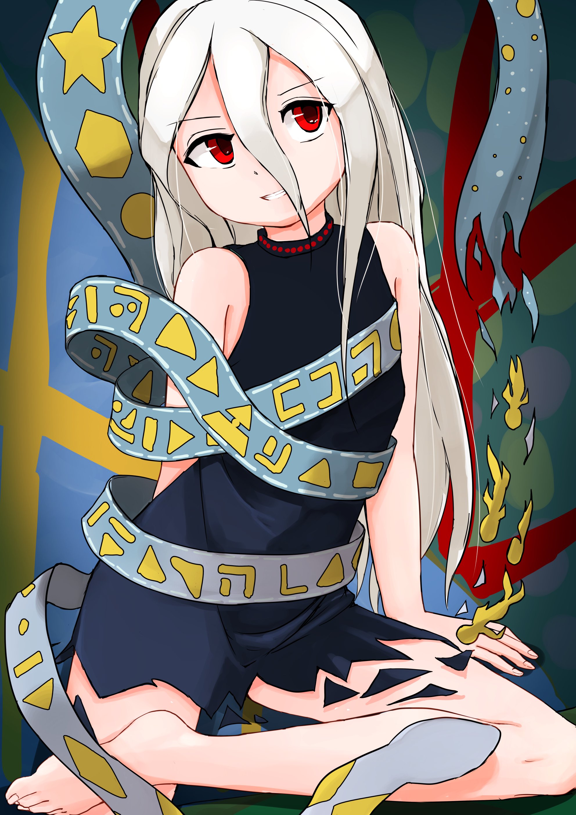 scottie0521, yuiman asama, fossilized wonders, touhou, absurdres, highres, 1girl, black dress, crescent, dress, flat chest, grey hair, grin, hair between eyes, long hair, long hair between eyes, looking to the side, play button, red eyes, ribbon around body, sitting, sleeveless, sleeveless dress, smile, snake, solo, teeth, torn clothes, torn dress, triangle