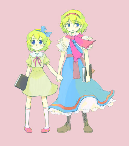 aki eda, raina, alice margatroid, alice margatroid (pc-98), medicine melancholy, mystic square, touhou, touhou (pc-98), lowres, 2girls, dual persona, female focus, holding hands, kneehighs, multiple girls, socks, time paradox