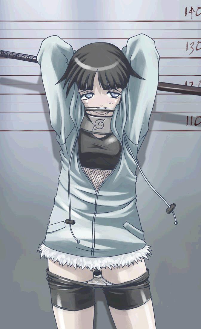 tasaka shinnosuke, hyuuga hinata, naruto, jpeg artifacts, arms behind head, arms up, bike shorts, bit gag, black hair, blue eyes, breasts, coat, collar, fishnets, forehead protector, gag, gagged, no panties, pullover, pussy juice, short hair, shorts, shorts pull, solo, spandex, standing, sword, undressing, weapon