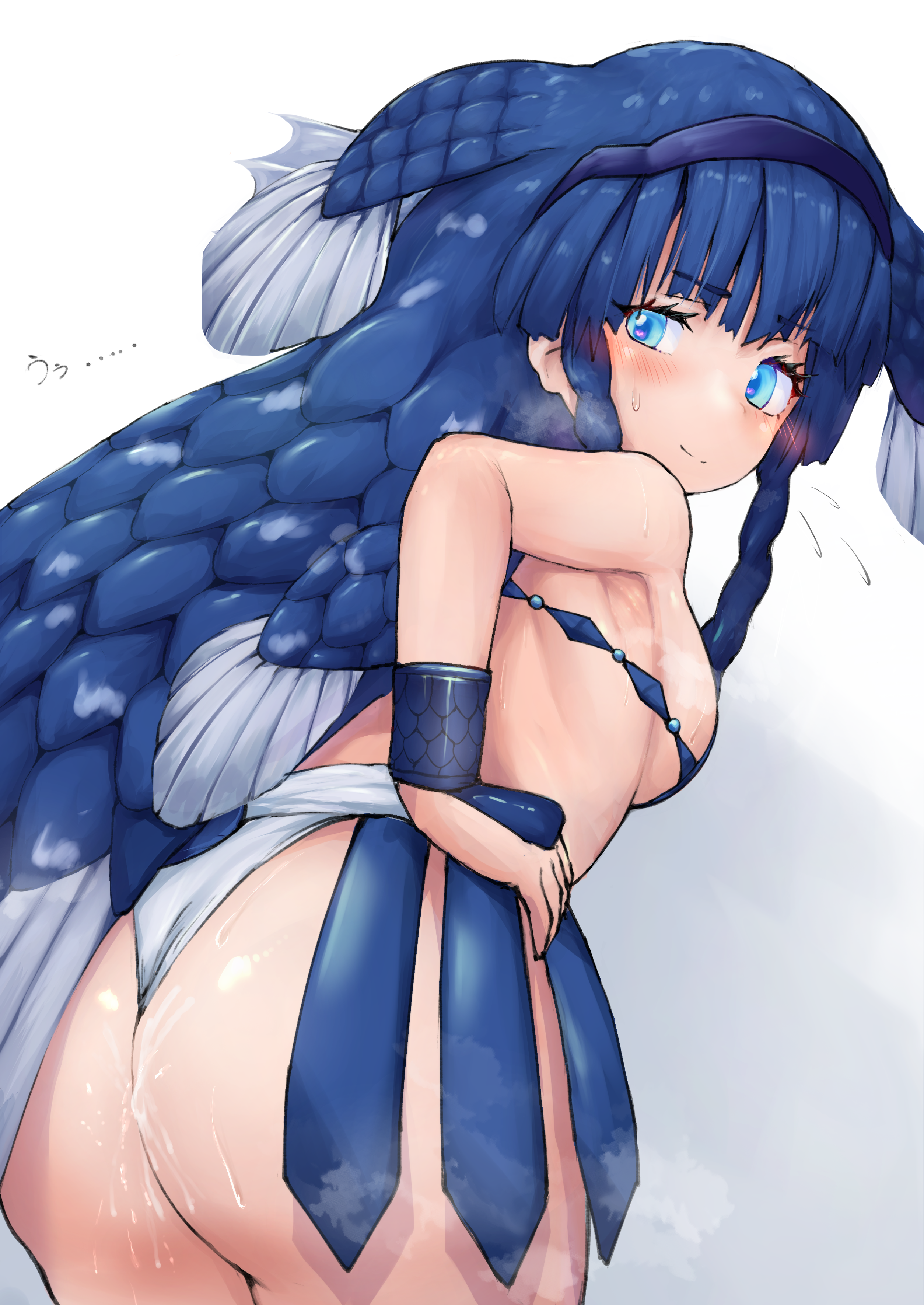 takara (takara0508), coelacanth (kemono friends), kemono friends, kemono friends 3, absurdres, highres, 1girl, armpits, ass, bare shoulders, blue eyes, blue hair, blush, bracer, braid, breasts, closed mouth, cum, cum on ass, cum on body, eyelashes, fang, fins, flying sweatdrops, from behind, fundoshi, furrowed brow, hairband, hand on own hip, head fins, japanese clothes, leaning forward, long hair, looking at viewer, looking back, multicolored eyes, revealing clothes, side braid, sideboob, smile, solo, steaming body, sweat, twin braids, very long hair