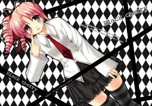 izumi makoto, original, 1girl, brown eyes, checkered background, female focus, formal clothes, necktie, pink hair, ringlets, skirt, solo, striped clothes, striped thighhighs, thighhighs