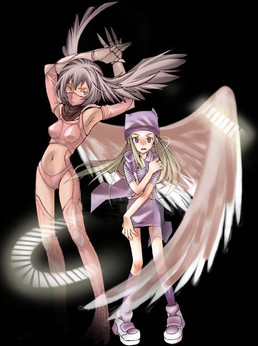 orimoto izumi, shutumon, digimon, digimon frontier, 00s, 2girls, armpits, blonde hair, breasts, claws, digimon (creature), dual persona, female focus, hat, head wings, long hair, midriff, multiple girls, navel, purple eyes, scarf, skirt, socks, wings