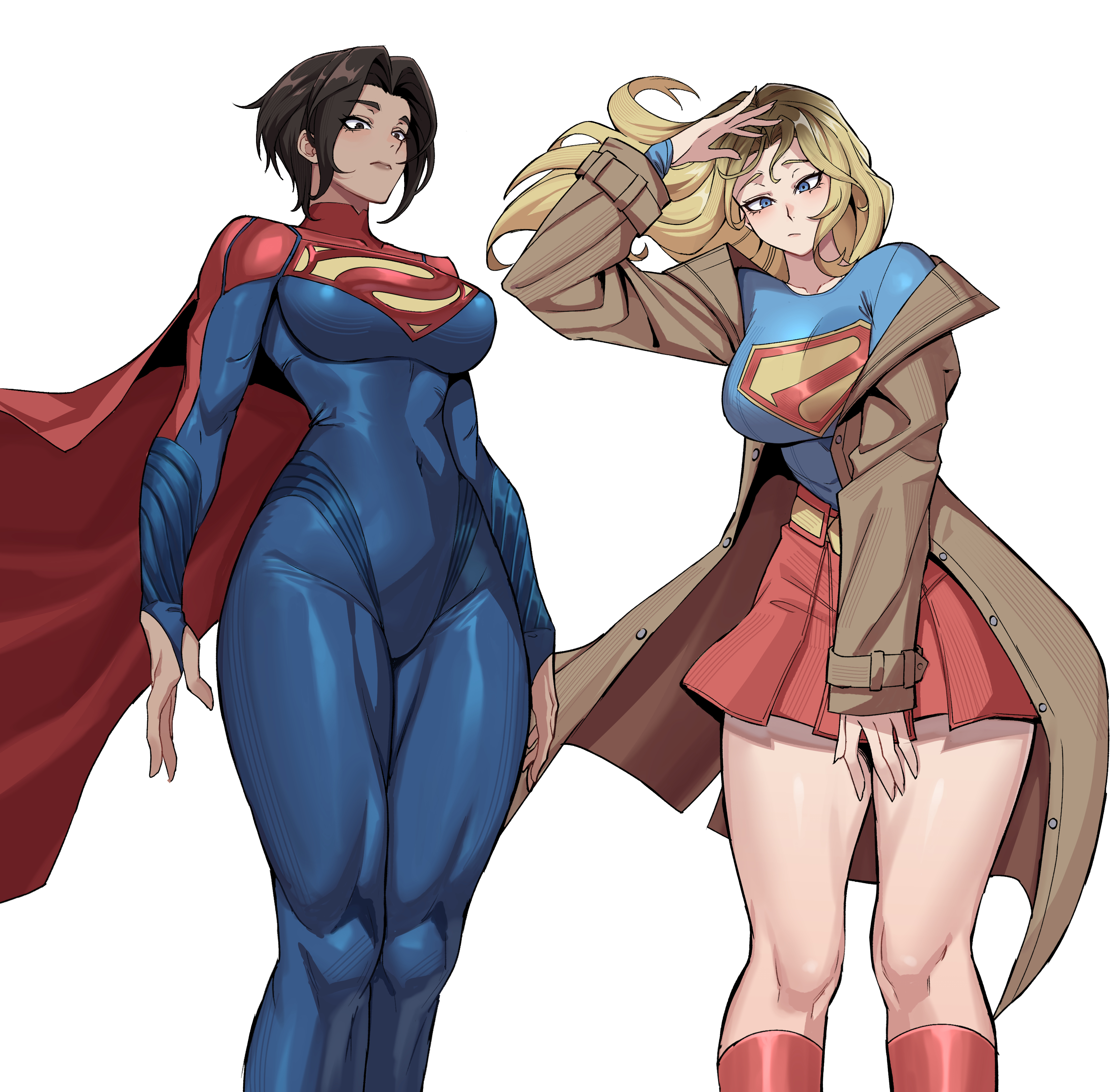 mg991998, supergirl, dc comics, dc extended universe, superman (2025), superman (series), the flash (movie), absurdres, highres, 2girls, animification, blonde hair, blue bodysuit, blue eyes, bodysuit, boots, breasts, cape, leotard, long hair, long sleeves, looking at viewer, multiple girls, red boots, red cape, shirt, short hair, skirt, sleeved leotard, smile, superhero costume, superman logo