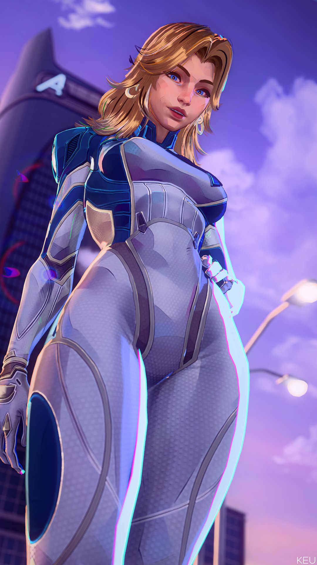 sue storm, fantastic four, marvel, marvel rivals, highres, 1girl, 3d, blonde hair, blue bodysuit, blue eyes, bodysuit, breasts, building, cloud, from below, keu3d, long hair, looking at viewer, medium breasts, outdoors, skyscraper, solo, two-tone bodysuit, white bodysuit