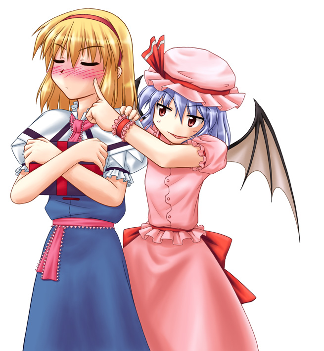 hasumi yuu, alice margatroid, remilia scarlet, touhou, 2girls, bat wings, blush, dress, female focus, hat, multiple girls, simple background, skirt, white background, wings