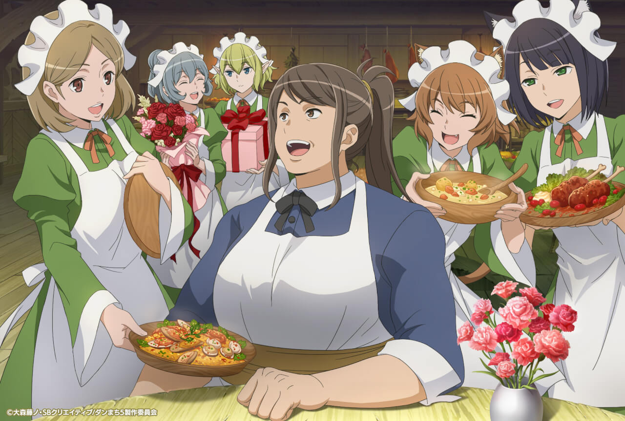 dungeon ni deai wo motomeru no wa machigatteiru darou ka, 6+girls, animal ears, apron, bowl, cat ears, flower, food, gift, holding, holding bowl, holding gift, indoors, meat, multiple girls, oyster, table, white apron, white headdress, wooden floor, wooden table