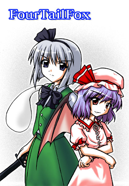 hasumi yuu, konpaku youmu, konpaku youmu (ghost), remilia scarlet, touhou, silver hair, 2girls, bat wings, black bow, black bowtie, blue eyes, bow, bowtie, buttons, crossed arms, female focus, floating, frills, ghost, grey background, hat, katana, looking at viewer, mob cap, multiple girls, pink hat, puffy short sleeves, puffy sleeves, purple hair, scabbard, sheath, sheathed, short hair, short sleeves, simple background, sword, weapon, wings
