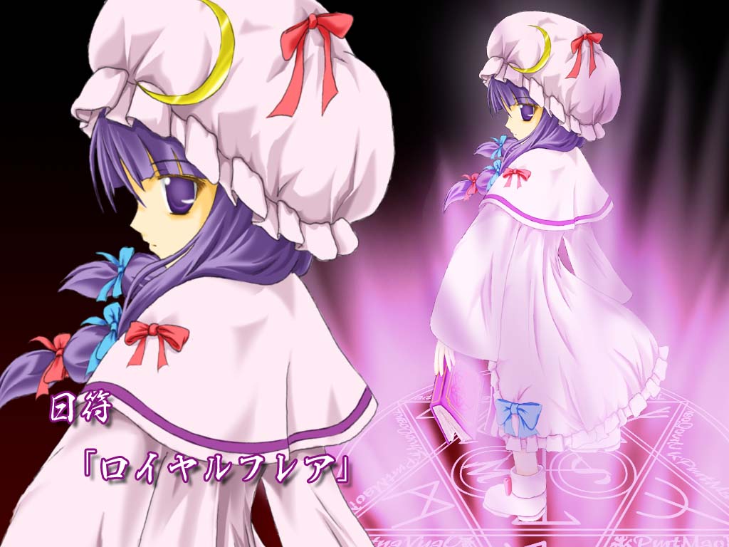 hasumi yuu, patchouli knowledge, touhou, 1girl, bow, capelet, crescent, female focus, hair bow, hat, long hair, long sleeves, looking at viewer, looking back, magical girl, mob cap, multi-tied hair, multiple hair bows, purple eyes, purple hair, solo, very long hair, zoom layer