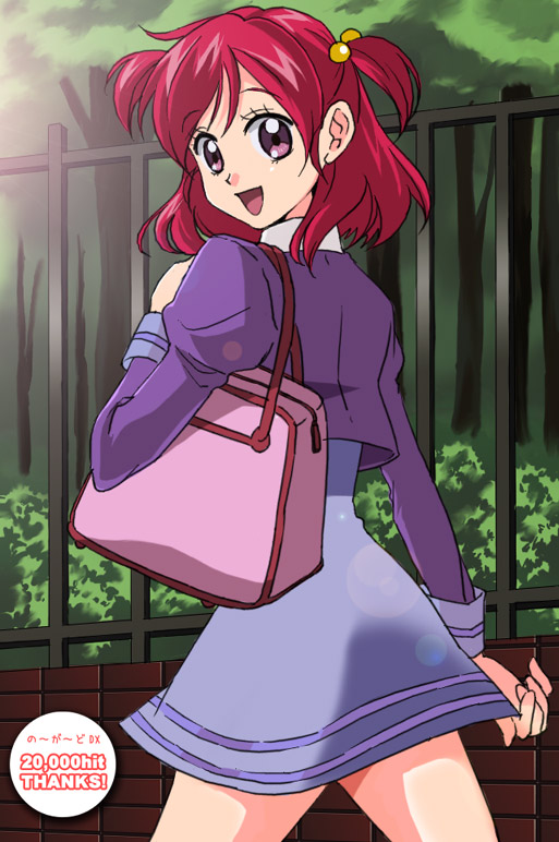 ayanashi kunio, eiko, yumehara nozomi, precure, yes! precure 5, 00s, 1girl, :d, bag, eyelashes, female focus, hair bobbles, hair ornament, looking back, open mouth, pink eyes, pink hair, purple skirt, red hair, school bag, school uniform, serafuku, short hair, skirt, smile, solo, twintails, two side up