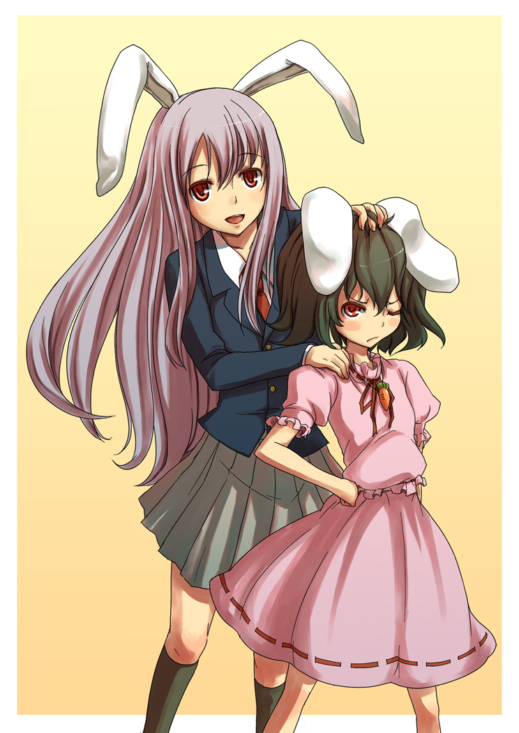 mishima hiroji, inaba tewi, reisen udongein inaba, touhou, 2girls, animal ears, female focus, headpat, multiple girls, rabbit ears, simple background