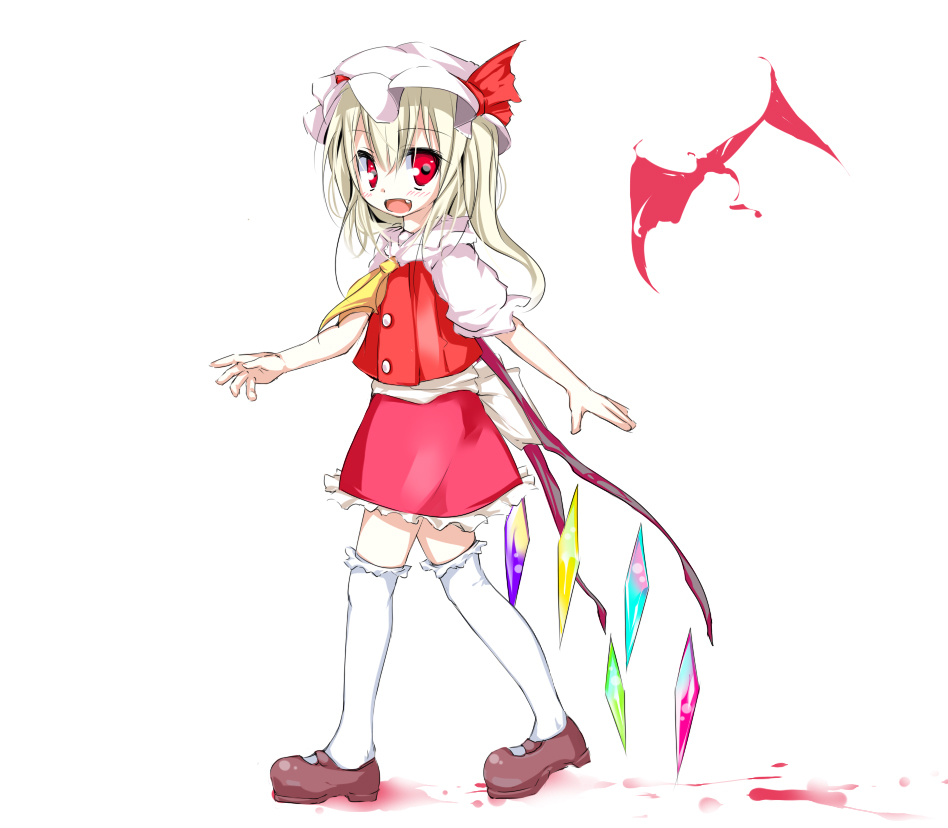 oouso, flandre scarlet, touhou, eyebrows, 1girl, ascot, blonde hair, blood, brown shoes, buttons, fang, female focus, frilled skirt, frills, full body, hair between eyes, hat, hat ribbon, kneehighs, looking at viewer, looking to the side, mob cap, open mouth, puffy sleeves, red eyes, red ribbon, red skirt, ribbon, shoes, side ponytail, simple background, skirt, skirt set, socks, solo, vest, walking, white background, white socks, wings