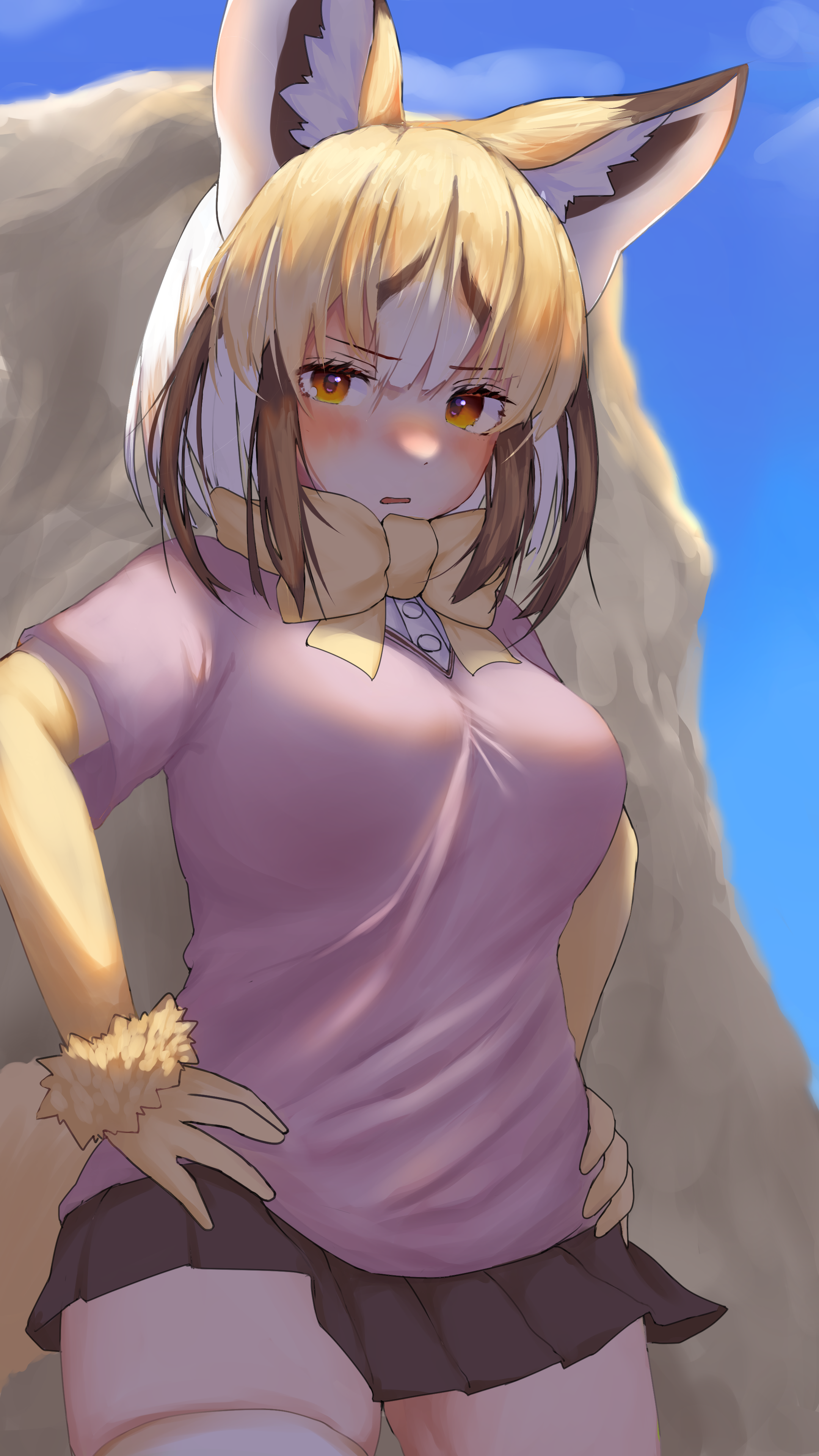 takara (takara0508), rueppell's fox (kemono friends), kemono friends, absurdres, commentary request, highres, large variant set, variant set, 1girl, animal ear fluff, animal ears, blonde hair, blue sky, blush, boulder, bow, bowtie, breasts, brown hair, brown skirt, clear sky, cowboy shot, day, elbow gloves, fox ears, fox girl, gloves, hands on own hips, large breasts, looking at viewer, miniskirt, multicolored hair, open mouth, orange eyes, outdoors, pink shirt, shirt, short hair, short sleeves, skirt, sky, solo, thighhighs, white hair, white thighhighs, yellow bow, yellow bowtie, yellow gloves