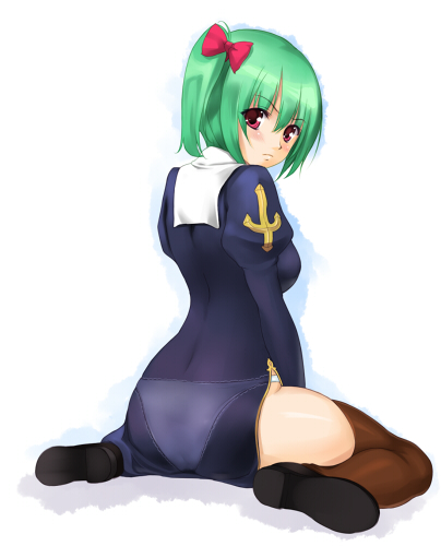 akamaru, priest (ragnarok online), ragnarok online, lowres, blush, bow, frown, green hair, hair bow, looking back, panties, pink eyes, priest, see-through clothes, sitting, solo, thigh gap, thighhighs, thighs, twintails, underwear, wariza, white panties