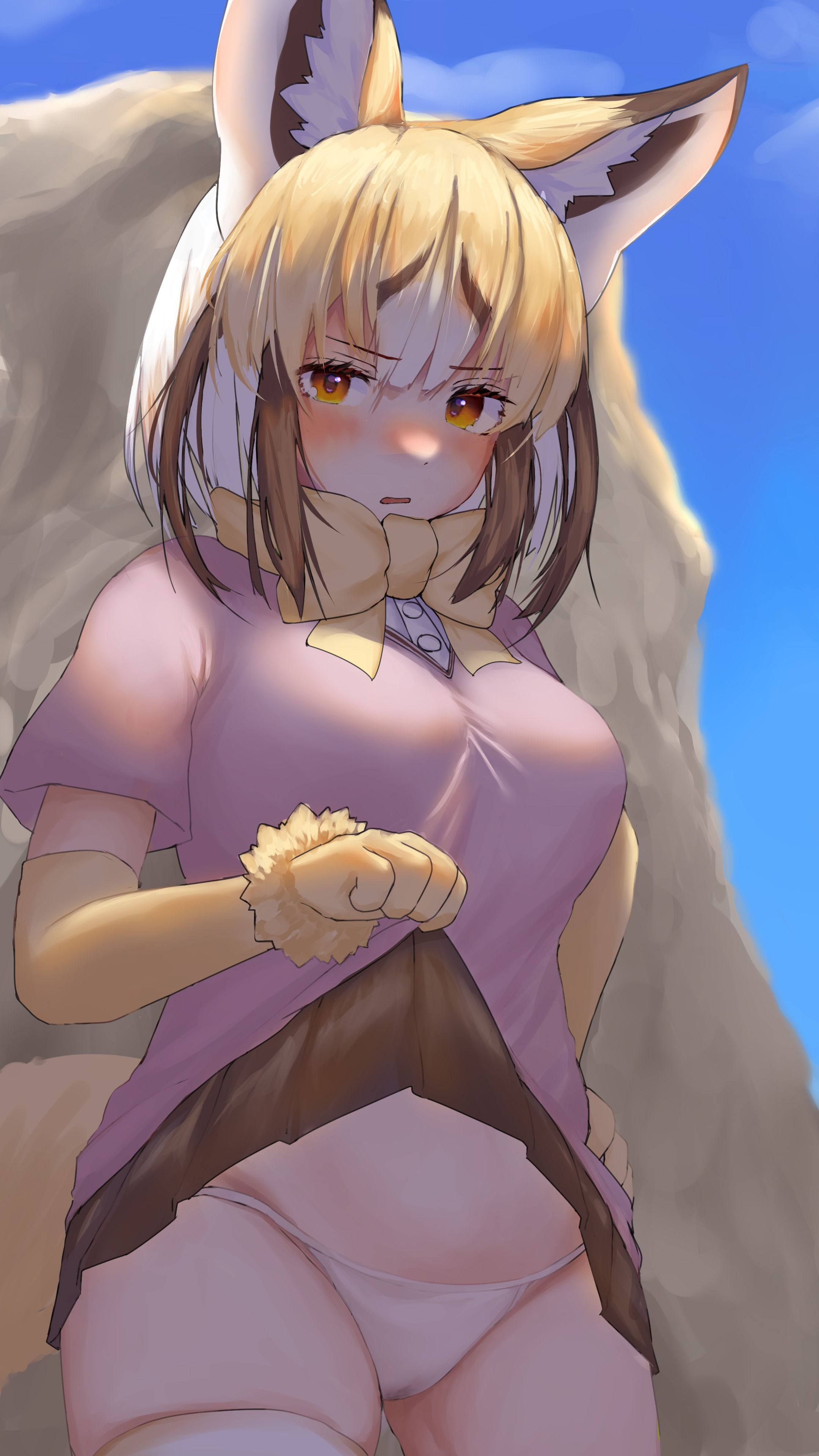 takara (takara0508), rueppell's fox (kemono friends), kemono friends, absurdres, commentary request, highres, large variant set, variant set, 1girl, animal ear fluff, animal ears, blonde hair, blue sky, blush, boulder, bow, bowtie, breasts, brown hair, brown skirt, clear sky, clothes lift, cowboy shot, day, elbow gloves, fox ears, fox girl, gloves, hands on own hips, large breasts, lifting own clothes, looking at viewer, miniskirt, multicolored hair, open mouth, orange eyes, outdoors, panties, pink shirt, shirt, short hair, short sleeves, skirt, skirt lift, sky, solo, thighhighs, underwear, white hair, white panties, white thighhighs, yellow bow, yellow bowtie, yellow gloves