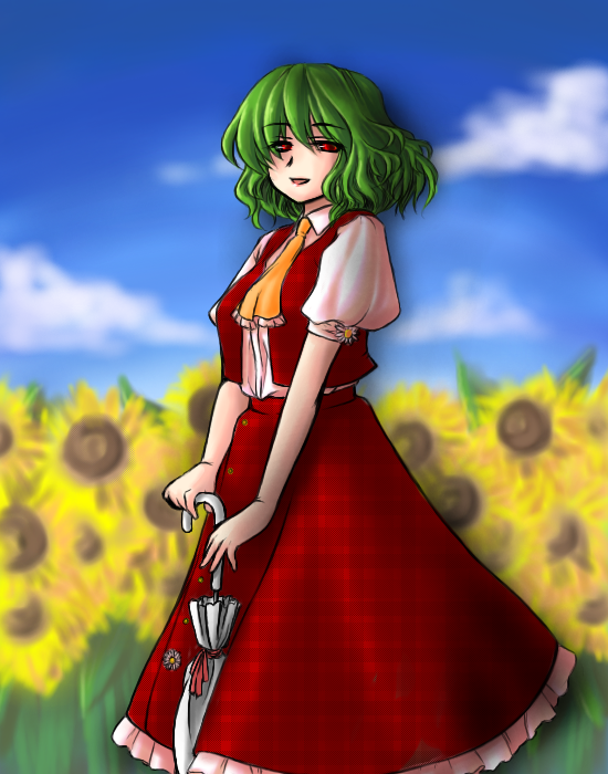 tsukiya sakumi, kazami yuuka, touhou, 1girl, ascot, closed umbrella, cloud, day, female focus, field, flower, flower field, green hair, nature, parasol, plaid clothes, plaid skirt, plaid vest, red eyes, short hair, skirt, skirt set, solo, sunflower, sunflower field, umbrella, unmoving pattern, vest