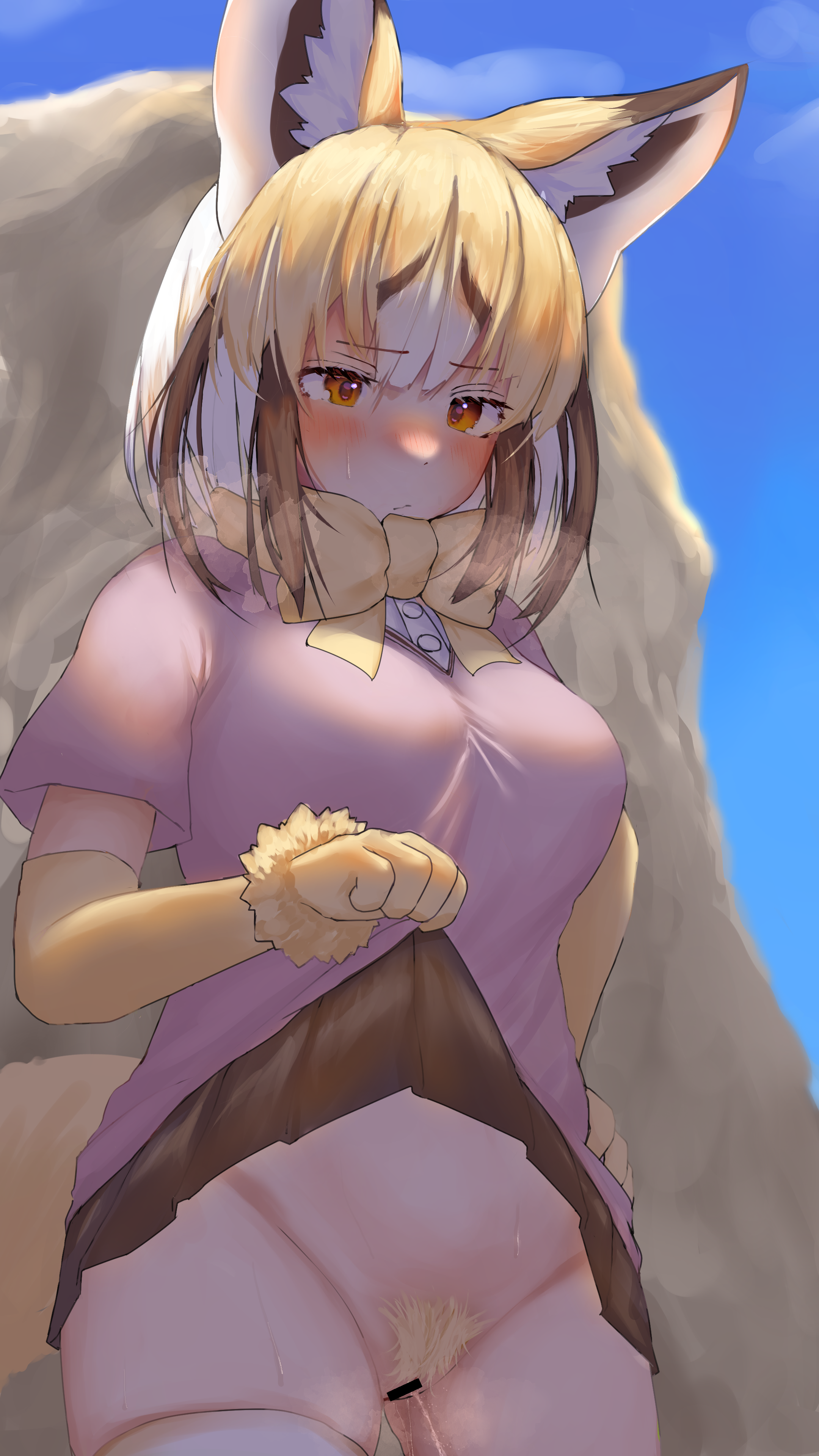 takara (takara0508), rueppell's fox (kemono friends), kemono friends, absurdres, commentary request, highres, large variant set, variant set, 1girl, animal ear fluff, animal ears, bar censor, blonde hair, blonde pubic hair, blue sky, blush, boulder, bow, bowtie, breasts, brown hair, brown skirt, censored, clear sky, clothes lift, cowboy shot, day, elbow gloves, female pubic hair, fox ears, fox girl, gloves, hands on own hips, heavy breathing, large breasts, lifting own clothes, looking down, miniskirt, multicolored hair, no panties, open mouth, orange eyes, outdoors, pee, peeing, pink shirt, pubic hair, pussy, shirt, short hair, short sleeves, skirt, skirt lift, sky, solo, thighhighs, white hair, white thighhighs, yellow bow, yellow bowtie, yellow gloves