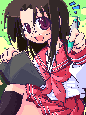 tamura hiyori, lucky star, lowres, 00s, glasses, oekaki, school uniform, serafuku, solo