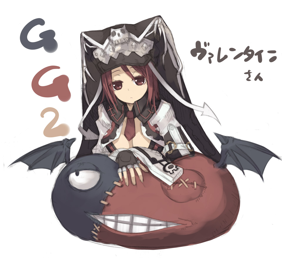 kashiwamochi yomogi, valentine (guilty gear), arc system works, guilty gear, guilty gear 2, 1girl, bat wings, black bra, black gloves, black hat, bra, breasts, cleavage, closed mouth, demon, expressionless, female focus, fingerless gloves, gloves, hat, jitome, large breasts, long hair, long sleeves, looking at viewer, necktie, open clothes, pillow, red eyes, red hair, red necktie, simple background, sketch, skull, solo, spikes, underwear, white background, wings