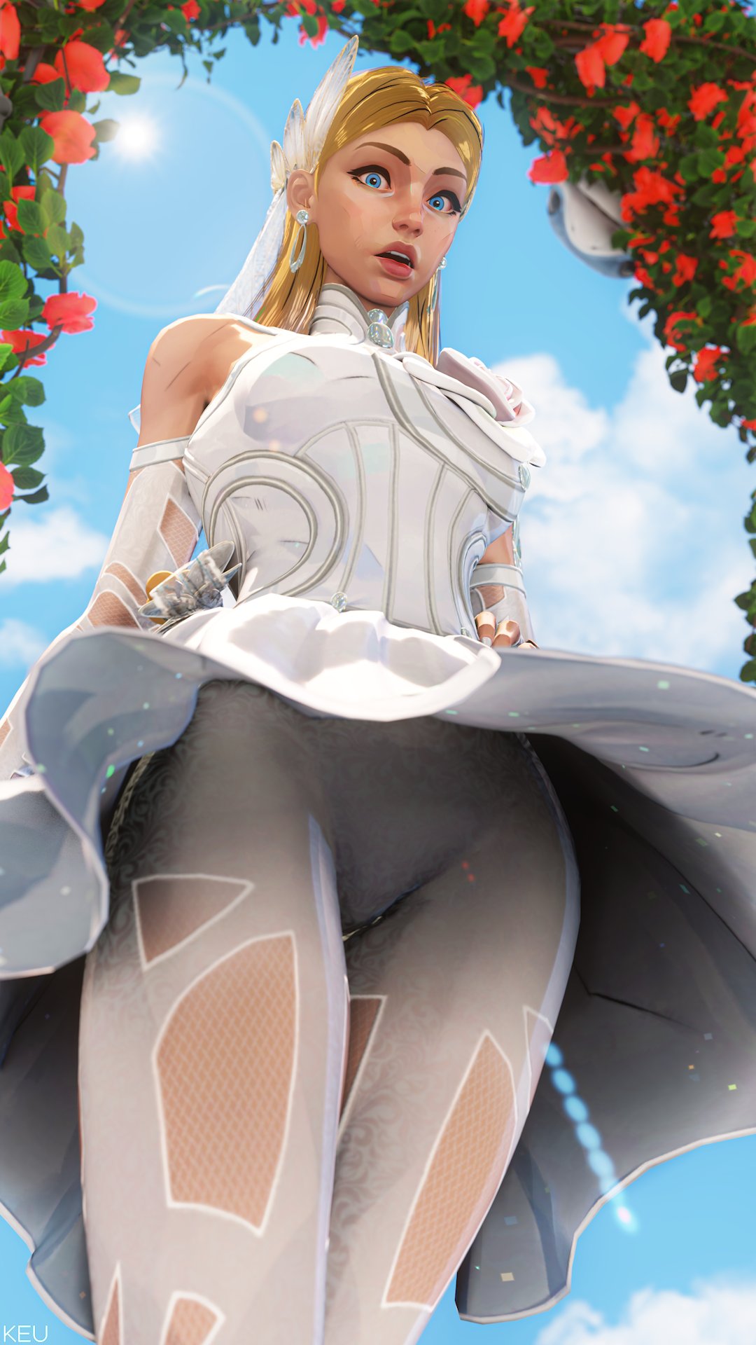 sue storm, sue storm (the life fantastic), fantastic four, marvel, marvel rivals, highres, 1girl, 3d, blonde hair, blue eyes, blue sky, breasts, clothing cutout, cloud, day, dress, flower, from below, keu3d, long hair, looking at viewer, official alternate costume, outdoors, pantyhose, pantyhose cutout, red flower, red rose, rose, sky, solo, white dress, white pantyhose