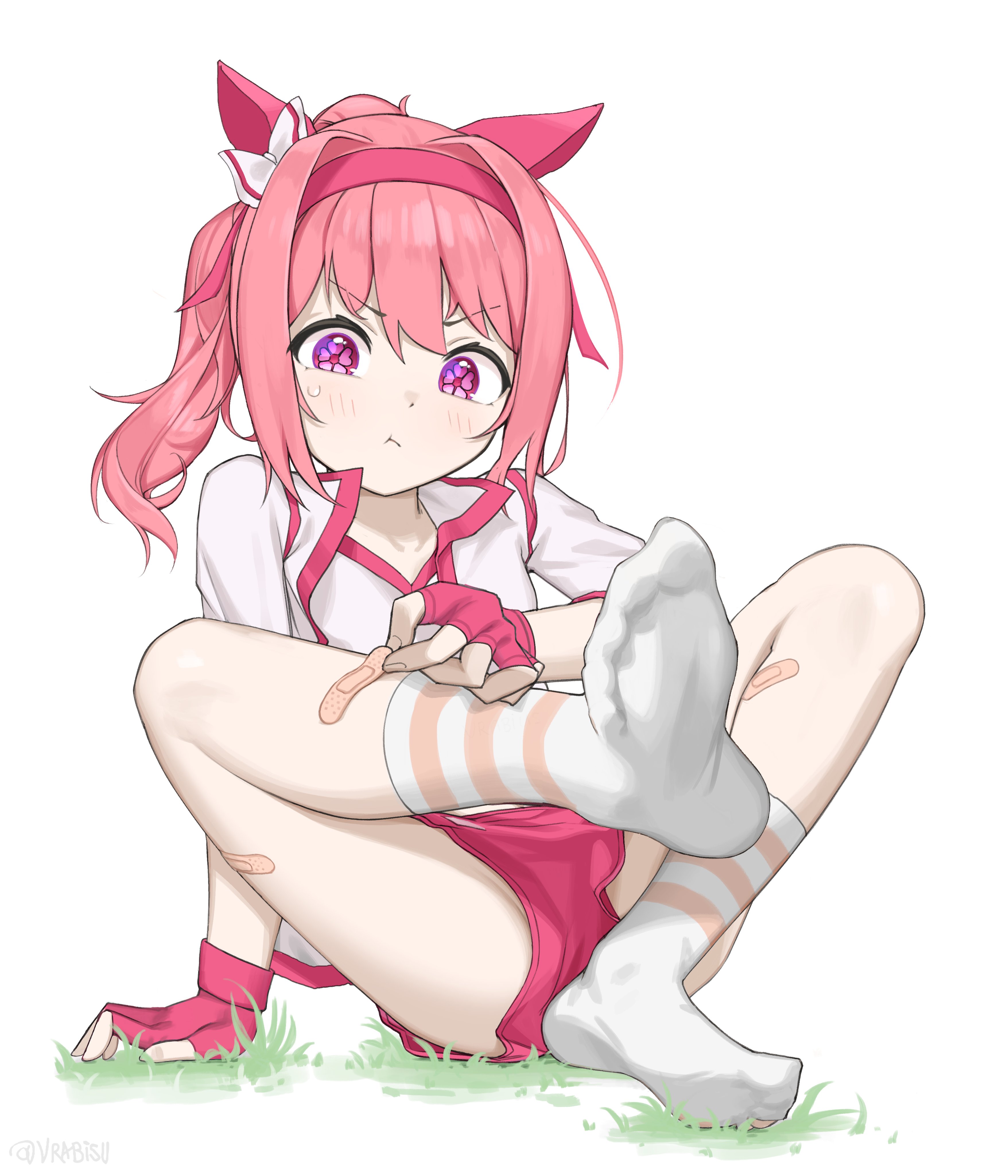 vrabius, haru urara (umamusume), umamusume, absurdres, commentary, highres, 1girl, animal ears, bandaid, bandaid on leg, blush, bow, buruma, closed mouth, ear bow, ear covers, feet, fingerless gloves, flat chest, flower-shaped pupils, foot focus, full body, gloves, grass, headband, horse ears, horse girl, jacket, leg up, legs, medium hair, no shoes, pink buruma, pink eyes, pink gloves, pink hair, pink headband, ponytail, pout, shirt, simple background, sitting, socks, soles, solo, sweatdrop, symbol-shaped pupils, toes, white background, white bow, white jacket, white shirt, white socks