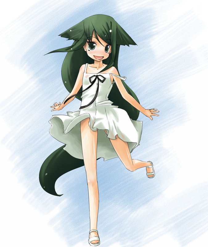 hato haru, saya (saya no uta), saya no uta, 1girl, :d, dress, female focus, flat chest, green eyes, green hair, long hair, matching hair/eyes, open mouth, ribbon, smile, solo, standing, standing on one leg, strap slip, sundress, very long hair