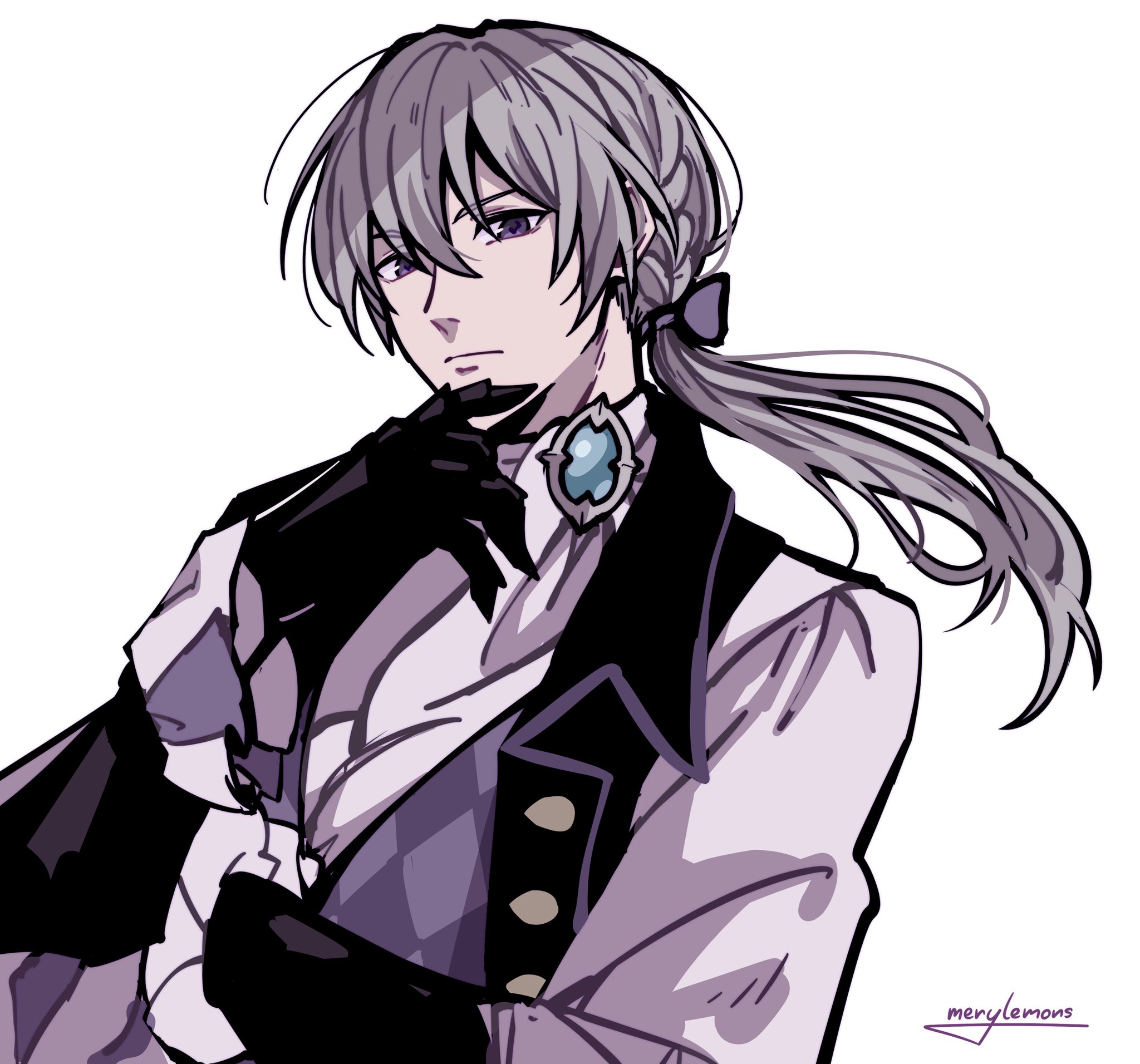 merylemons, jakob (fire emblem), fire emblem, fire emblem fates, nintendo, highres, 1boy, aristocratic clothes, butler, gloves, grey hair, long hair, low ponytail, male focus, nohrian butler uniform, ponytail, purple eyes, solo, tuxedo shirt