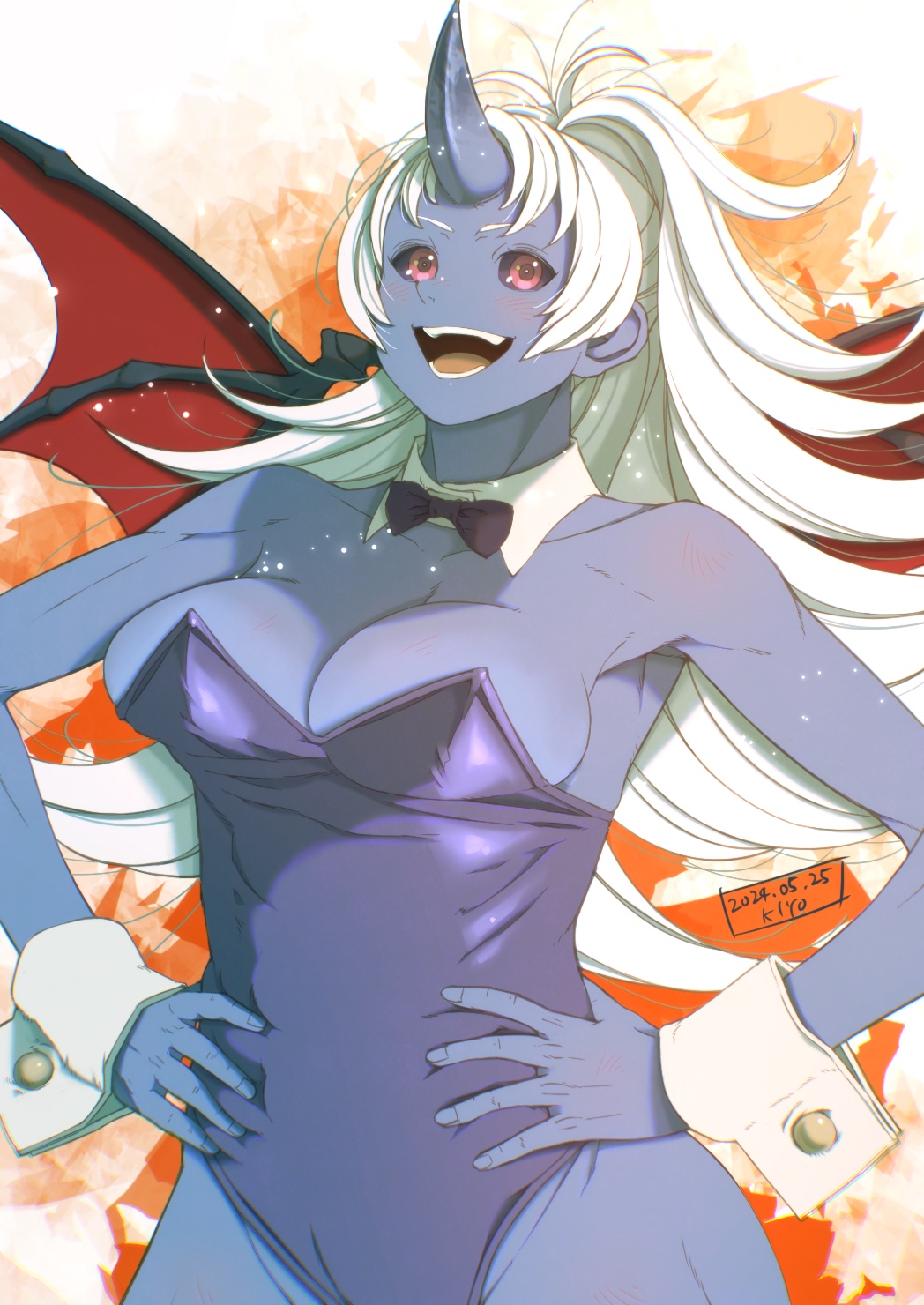 kiyo (a sam ko), atoferatofe rybak, mushoku tensei, highres, 1girl, bat wings, black sclera, blue skin, colored sclera, colored skin, hand on own hip, horns, leotard, open mouth, playboy bunny, red eyes, single horn, wings