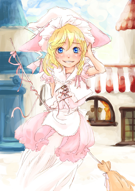 kirisame marisa, touhou, 1girl, :d, alternate costume, arm up, blonde hair, blue eyes, blush, broom, building, cowboy shot, door, dress, female focus, grin, hat, house, looking at viewer, open mouth, pink dress, puffy short sleeves, puffy sleeves, short sleeves, smile, solo, tareme, teeth, window