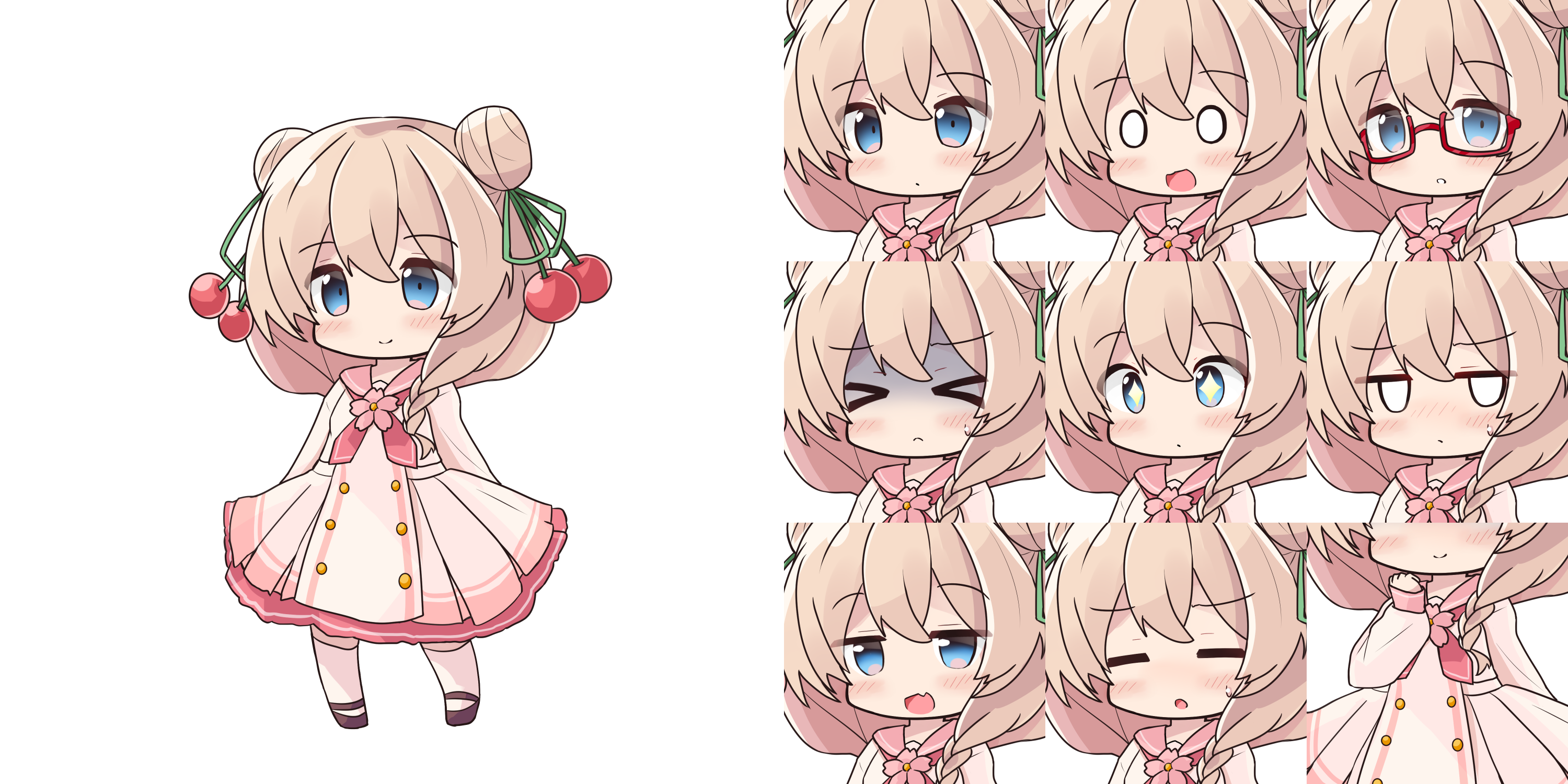 ryogo, asumi shuo, voicepeak, commentary request, highres, > <, + +, 0 0, 1girl, blue eyes, blush, blush stickers, brown hair, cherry hair ornament, closed eyes, closed mouth, double bun, dress, food-themed hair ornament, glasses, hair between eyes, hair bun, hair ornament, hand up, jitome, long sleeves, multiple views, nose blush, pink dress, pink sailor collar, puffy long sleeves, puffy sleeves, red-framed eyewear, sailor collar, sailor dress, semi-rimless eyewear, sleeves past wrists, small sweatdrop, sweat, under-rim eyewear, white background