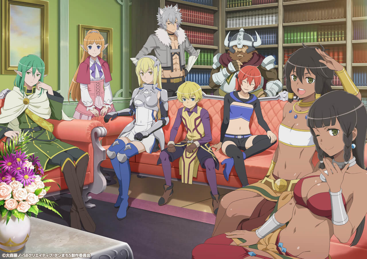 aiz wallenstein, bete loga, finn deimne, gareth landrock, lefiya viridis, loki (danmachi), riveria ljos alf, tiona hyryute, tione hyryute, dungeon ni deai wo motomeru no wa machigatteiru darou ka, bookshelf, coach, flower