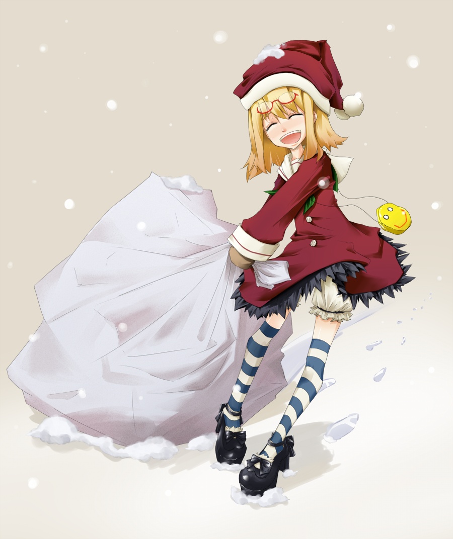 hato haru, 1girl, blonde hair, christmas, female focus, glasses, santa costume, snow, solo, striped clothes, striped thighhighs, thighhighs