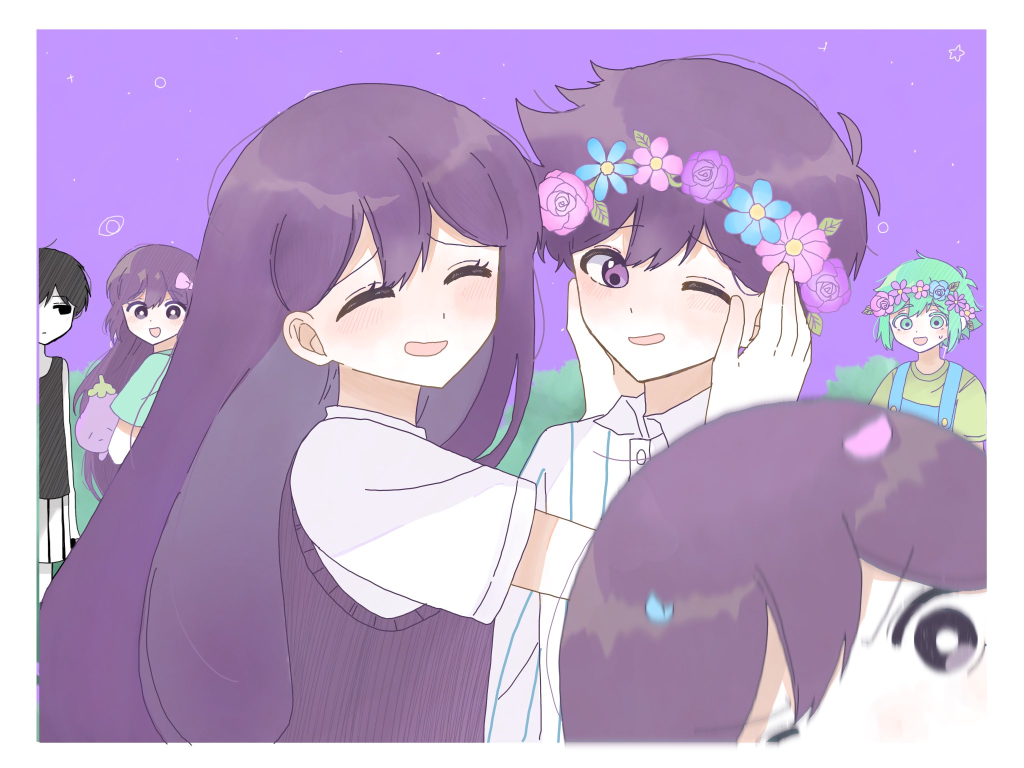 yuuabara, aubrey (headspace) (omori), aubrey (omori), basil (headspace) (omori), basil (omori), hero (headspace) (omori), hero (omori), kel (headspace) (omori), kel (omori), mari (headspace) (omori), mari (omori), omori (omori), omori, highres, 2girls, 4boys, black eyes, black hair, black tank top, blue overalls, blue shirt, blush, bow, brother and sister, brothers, closed eyes, closed mouth, colored skin, double-parted bangs, flower, green eyes, green hair, green shirt, hair bow, head wreath, holding, holding stuffed toy, long hair, looking at another, multiple boys, multiple girls, one eye closed, open mouth, overalls, pajamas, pink bow, purple eyes, purple hair, purple sweater vest, shirt, short hair, short sleeves, shorts, siblings, smile, striped clothes, striped pajamas, striped shorts, stuffed eggplant, stuffed toy, sweater vest, t-shirt, tank top, vertical-striped clothes, vertical-striped pajamas, vertical-striped shorts, white shirt, white shorts, white skin
