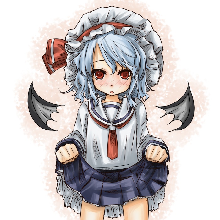 hato haru, remilia scarlet, touhou, 1girl, alternate costume, bat wings, blush, clothes lift, female focus, gradient background, hat, school uniform, serafuku, skirt, skirt lift, solo, white background, white hat, wings