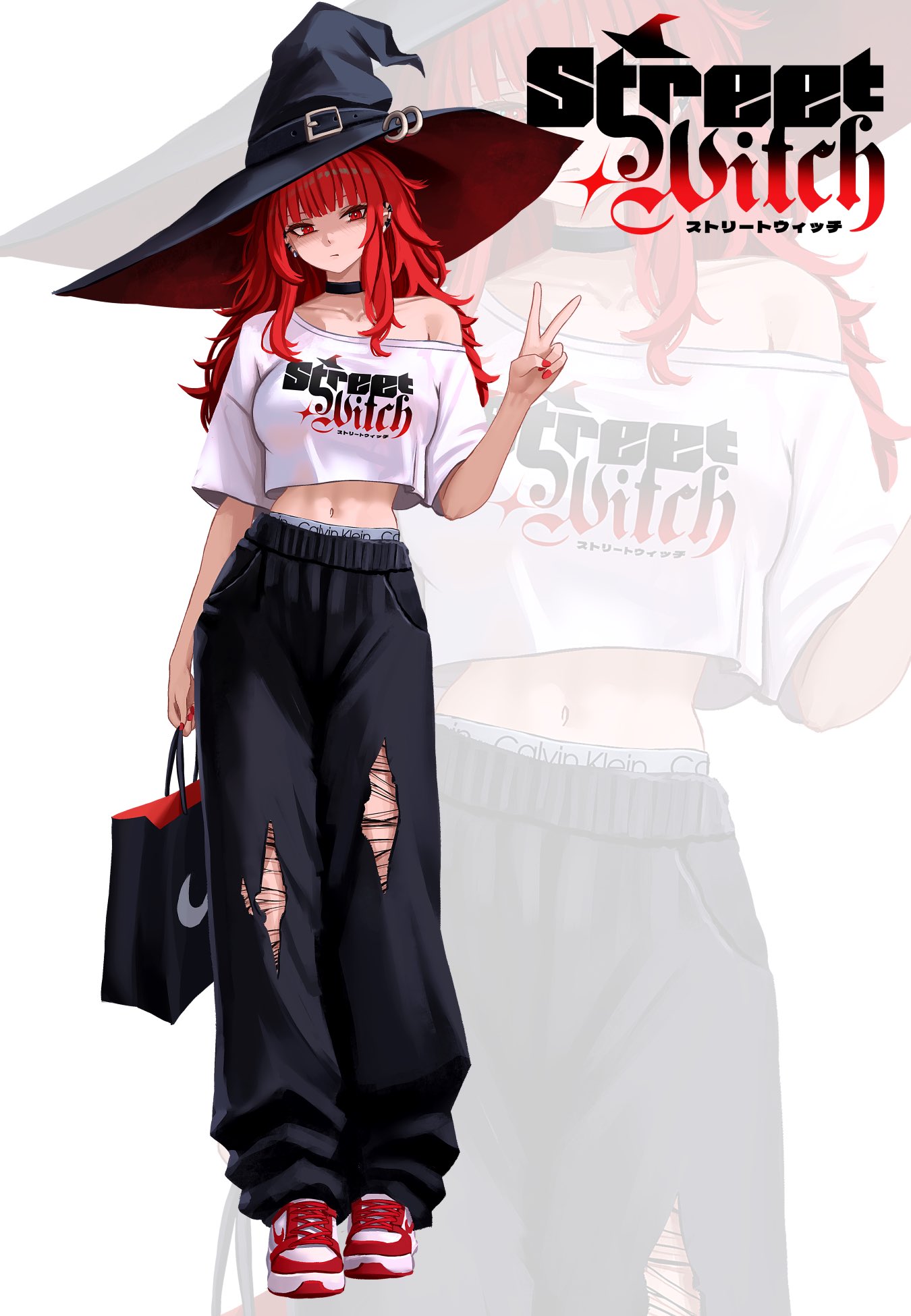 yan kodiac, val (yan kodiac), calvin klein, original, highres, 1girl, bag, black hat, blunt bangs, breasts, casual, choker, clothes writing, ear piercing, earrings, hat, jewelry, long hair, navel, panties, pants, piercing, red eyes, red hair, sagging pants, shirt, shoes, shopping bag, short sleeves, sneakers, solo, sweatpants, torn clothes, torn pants, underwear, underwear writing, v, white shirt, witch hat