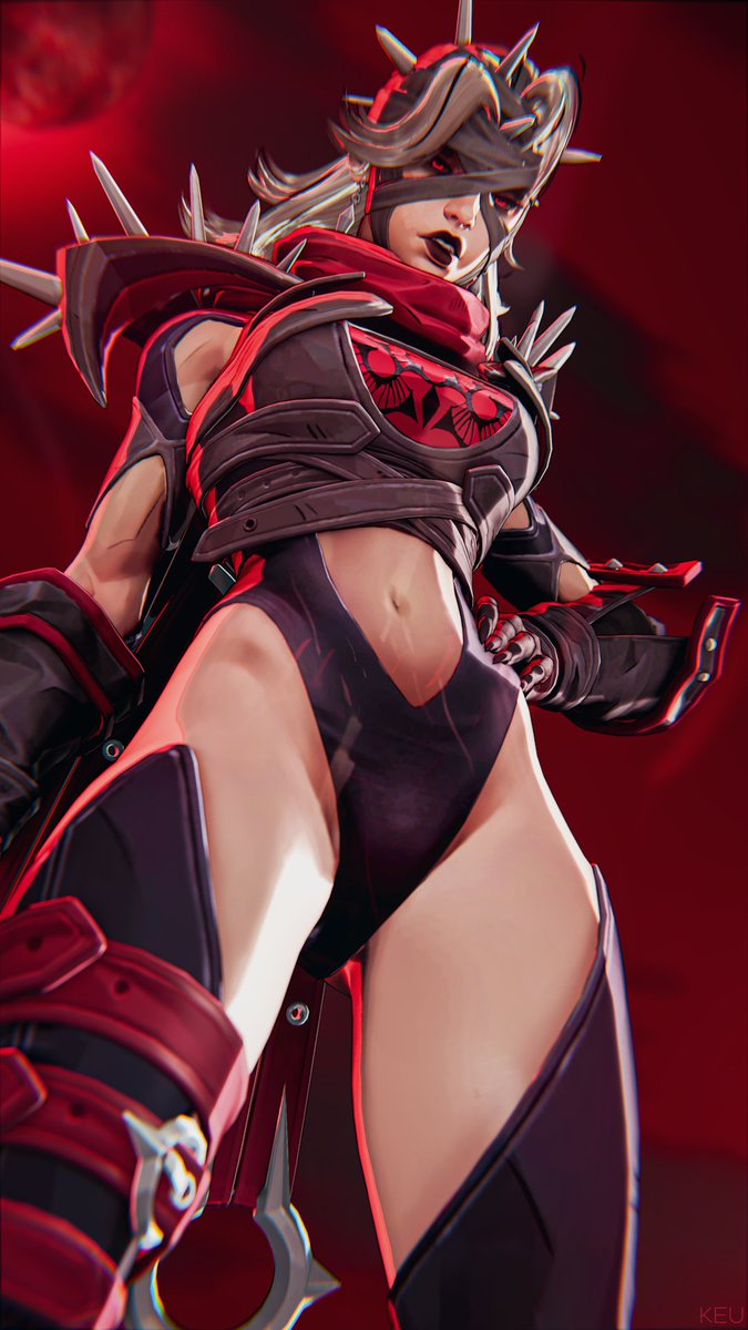 malice (sue storm), sue storm, fantastic four, marvel, marvel rivals, highres, 1girl, 3d, bandaged head, bandages, clothing cutout, from below, grey hair, hand on own hip, keu3d, looking at viewer, navel, navel cutout, official alternate costume, red eyes, solo, spikes