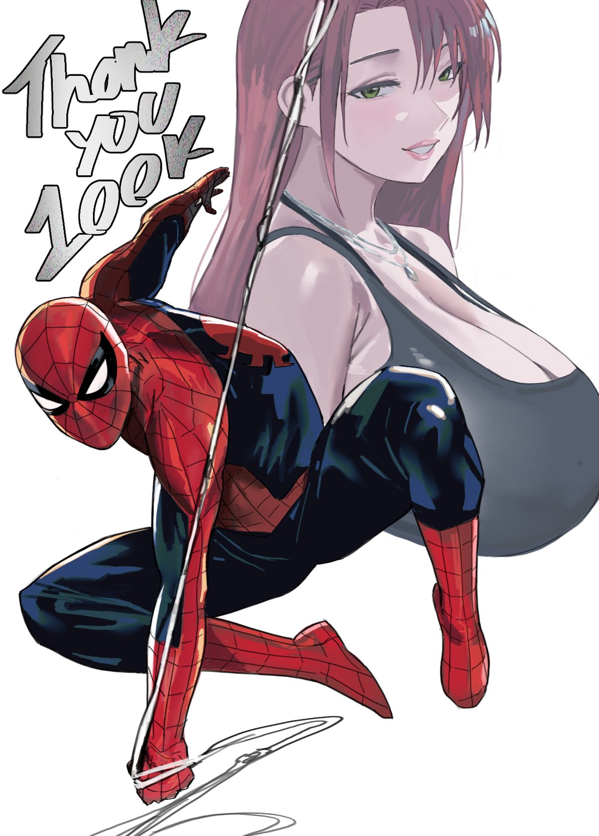 mugi (mugit49), mary jane watson, spider-man, marvel, spider-man (series), commentary, english commentary, highres, tagme, 1boy, 1girl, blush, bodysuit, breasts, long hair, looking at viewer, simple background, smile, spider web print, superhero costume, thank you, white background