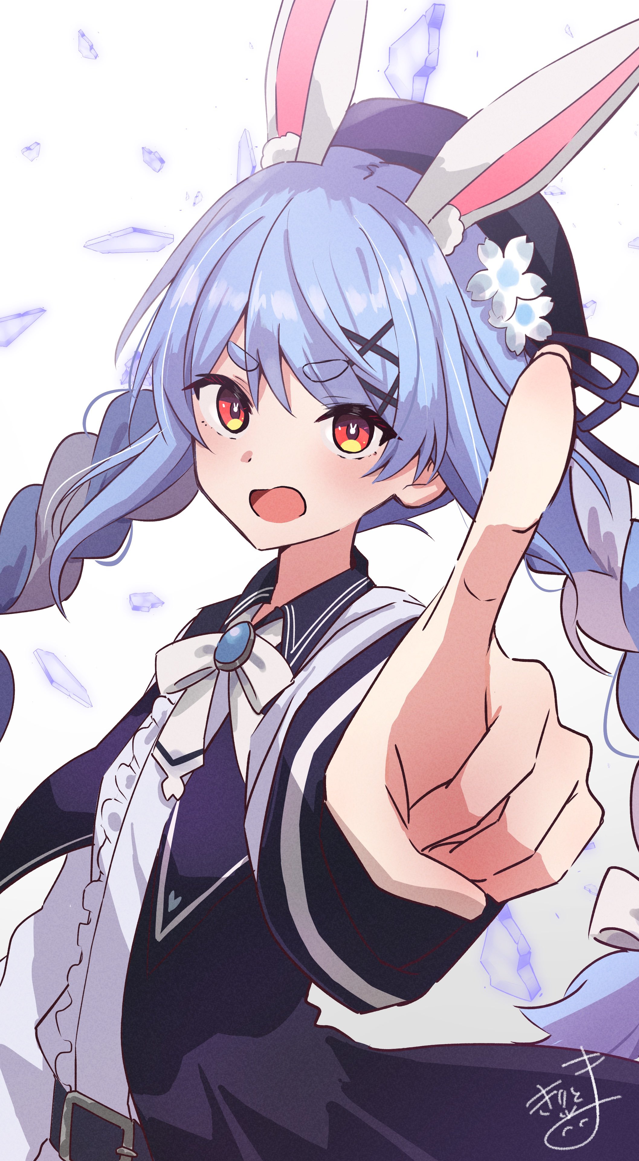 kiritoma, usada pekora, hololive, absurdres, commentary, highres, 1girl, animal ear fluff, animal ears, belt, belt buckle, beret, black belt, black hat, black jacket, blue hair, braid, broken glass, buckle, center frills, collared shirt, flower, frills, from side, glass, hair between eyes, hair flower, hair ornament, hat, jacket, long hair, long sleeves, looking at viewer, looking to the side, multicolored hair, open clothes, open jacket, open mouth, outstretched arm, pointing, pointing at viewer, rabbit-shaped pupils, rabbit ears, red eyes, shirt, short eyebrows, signature, simple background, solo, symbol-shaped pupils, thick eyebrows, twin braids, twintails, two-tone hair, v-shaped eyebrows, very long hair, virtual youtuber, white background, white flower, white hair, white shirt, x hair ornament