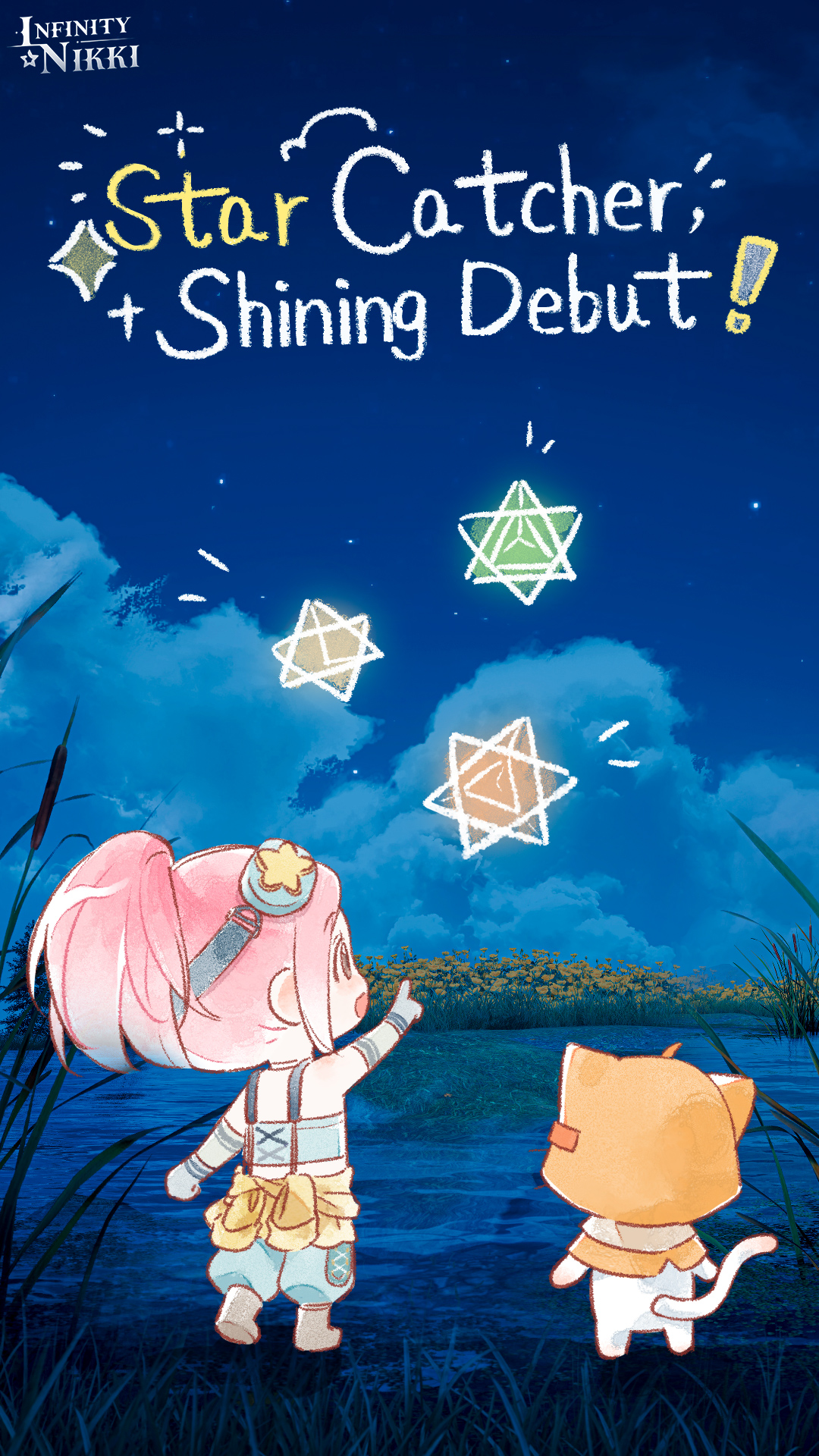 momo (nikki), nikki (nikki), infinity nikki, nikki (series), artist request, commentary, english commentary, highres, official art, second-party source, 1girl, ahoge, animal, baggy pants, bare shoulders, blue-framed eyewear, blue pants, blue shirt, boots, brown eyes, cat, chibi, clenched hand, cloak, clothed animal, clothes around waist, cloud, copyright name, crop top, cross-laced pants, dress, duckweed, ear covers, english text, field, flower, flower field, from behind, game screenshot inset, gloves, goggles, goggles on head, grey boots, grey gloves, hood, hood up, hooded cloak, jacket, jacket around waist, logo, night, night sky, notice lines, official alternate costume, outdoors, pants, pink hair, pointing, ponytail, reflection, reflective water, round eyewear, shirt, short hair, short ponytail, sky, sleeveless, sleeveless dress, star (sky), star (symbol), star print, starry sky, tareme, white cat, yellow cloak, yellow flower, yellow jacket