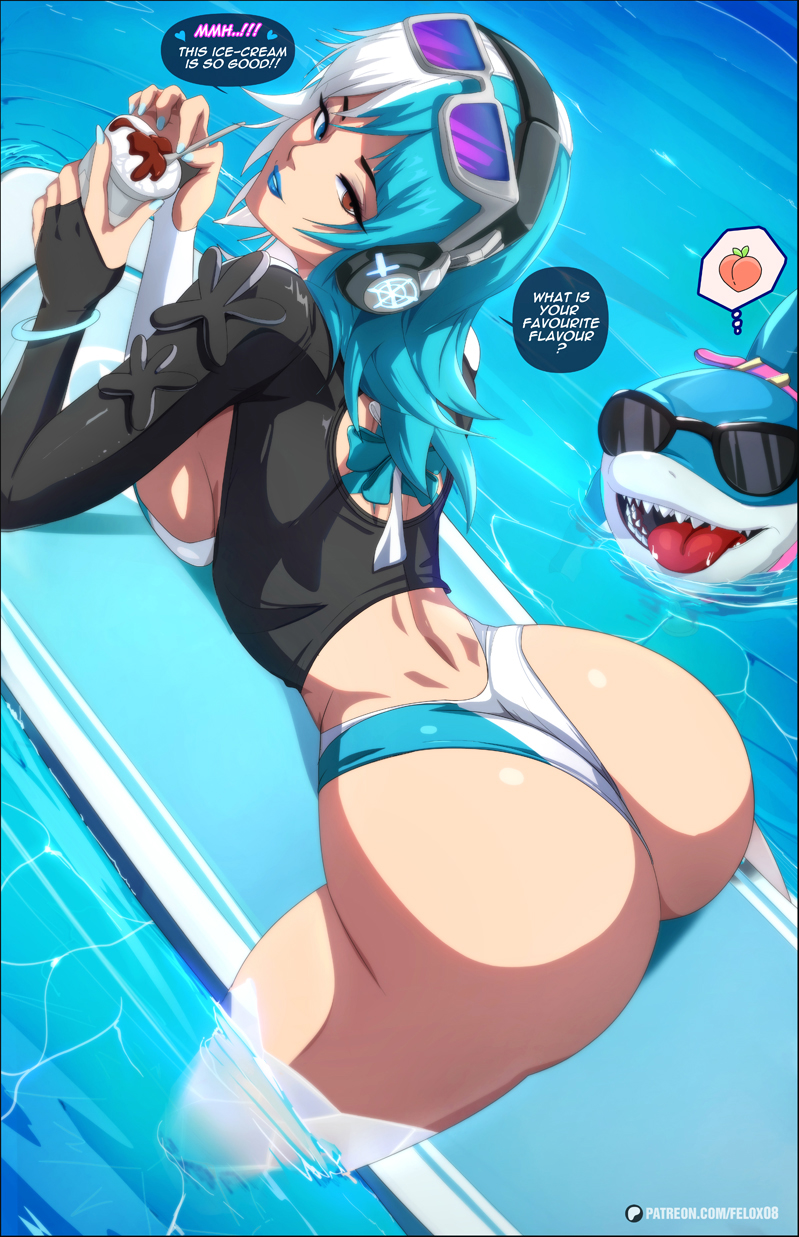 felox08, jeff (marvel), luna snow, luna snow (cool summer), marvel, marvel rivals, highres, 1girl, alternate costume, ass, blue eyes, blue hair, blue lips, blue nails, brown eyes, day, eyewear on head, headphones, heterochromia, multicolored hair, official alternate costume, patreon logo, patreon username, purple-tinted eyewear, split-color hair, tinted eyewear, two-tone hair, water, watermark, web address, white hair