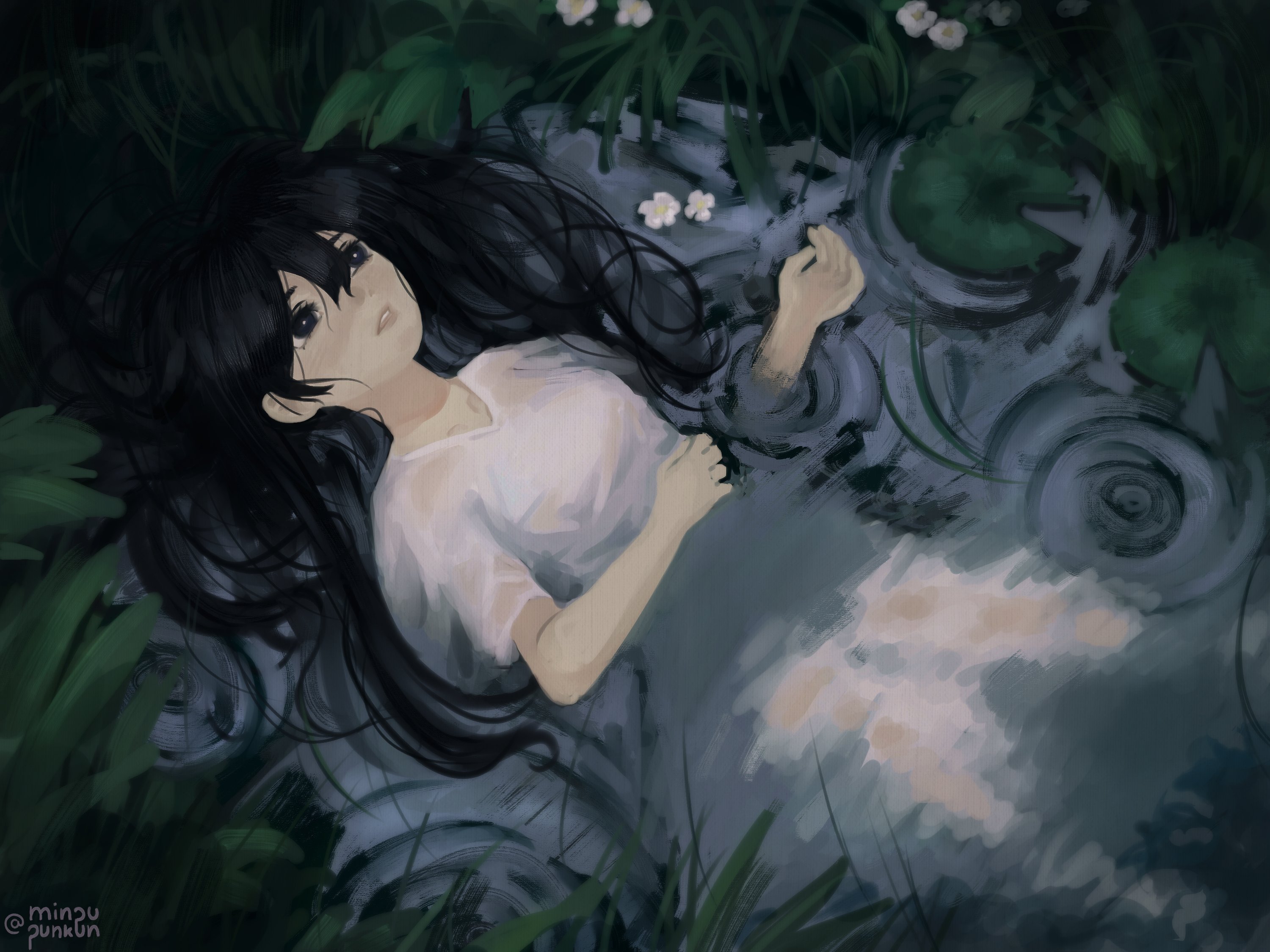 minpupunkun, mari (faraway) (omori), mari (omori), omori, highres, 1girl, black eyes, black hair, double-parted bangs, dress, flower, lying, on back, outdoors, parted lips, partially submerged, short sleeves, solo, twitter username, water, white dress
