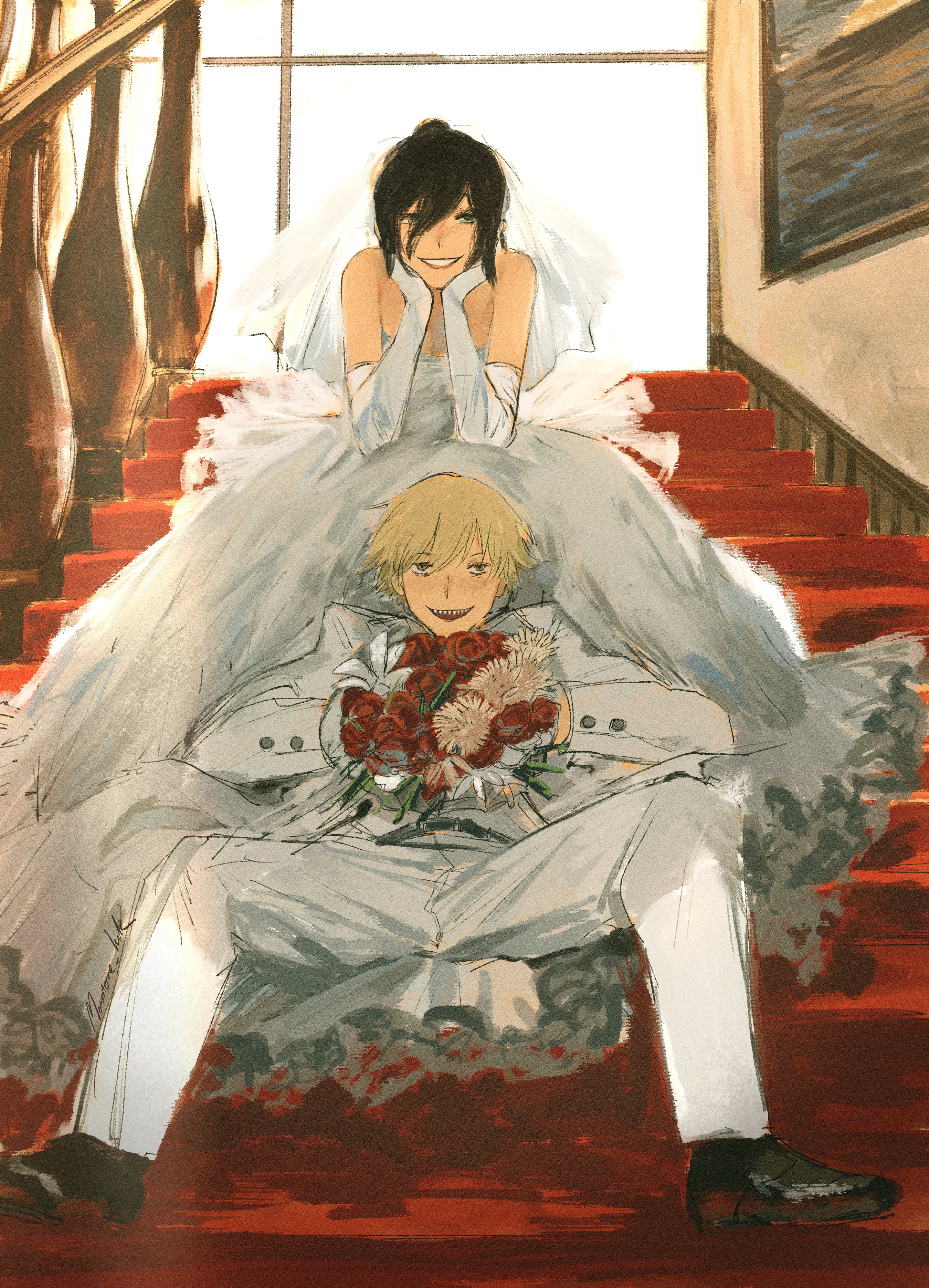 monotone ink, denji (chainsaw man), reze (chainsaw man), chainsaw man, absurdres, highres, 1boy, 1girl, bare shoulders, black hair, black shoes, blonde hair, bouquet, breasts, bridal veil, bride, couple, dress, elbow gloves, flower, formal clothes, gloves, green eyes, groom, hair between eyes, hair bun, hair ornament, hands on own chin, holding, holding bouquet, husband and wife, jacket, long hair, looking at viewer, open mouth, pants, rose, sharp teeth, shirt, shoes, short hair, single hair bun, sitting, sitting on stairs, smile, stairs, strapless, strapless dress, suit, teeth, tuxedo, veil, wedding, wedding dress, white dress, white gloves, white pants, window