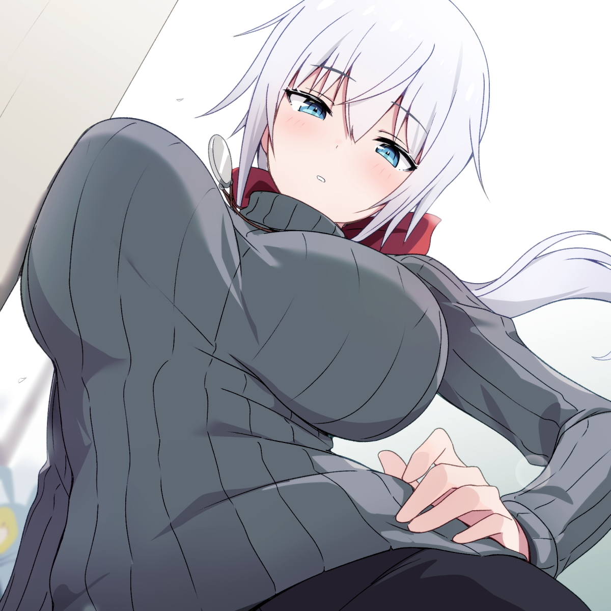 ko pot-au-feu, architect (frame arms girl), frame arms girl, highres, 1girl, black pants, blue eyes, bow, breast press, breasts, from below, grey sweater, hair between eyes, hair bow, hand on own hip, jewelry, large breasts, leaning on object, leaning to the side, light blush, long hair, looking at viewer, necklace, pants, ponytail, red bow, solo, sweater, turtleneck, white background, white hair