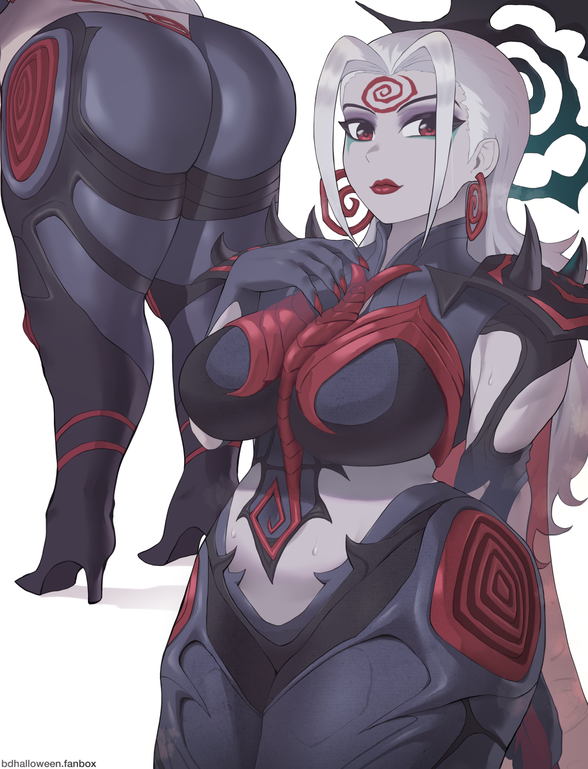freddyhalloween, hela (marvel), hela (queen in black) (marvel), marvel, marvel rivals, highres, 1girl, ass, colored skin, fanbox username, grey skin, high heels, long hair, looking at viewer, multiple views, official alternate costume, red eyes